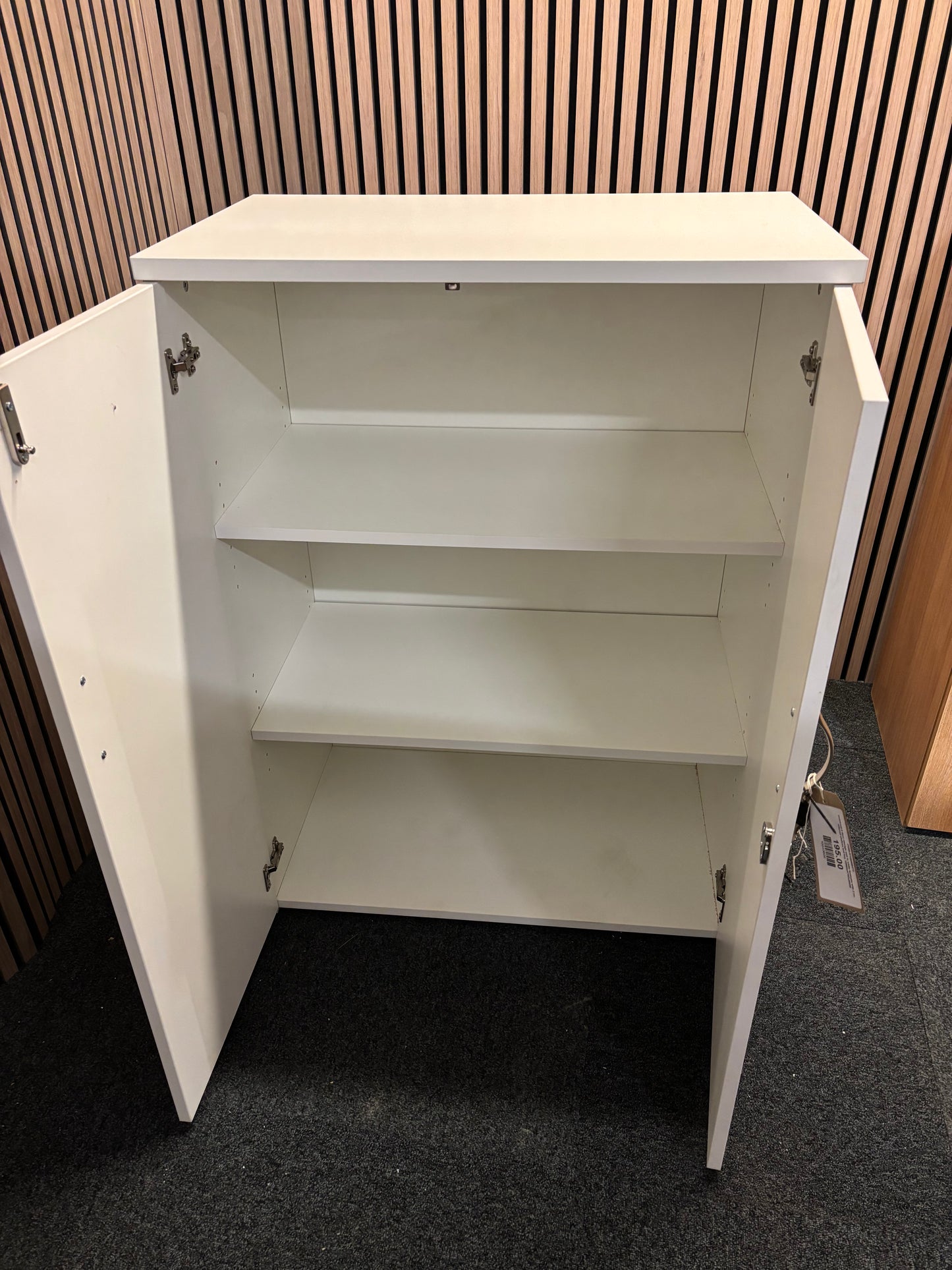 Universal 2 door storage unit in white laminate with 2 no. internal shelves and key 1090Hx470Dx800W