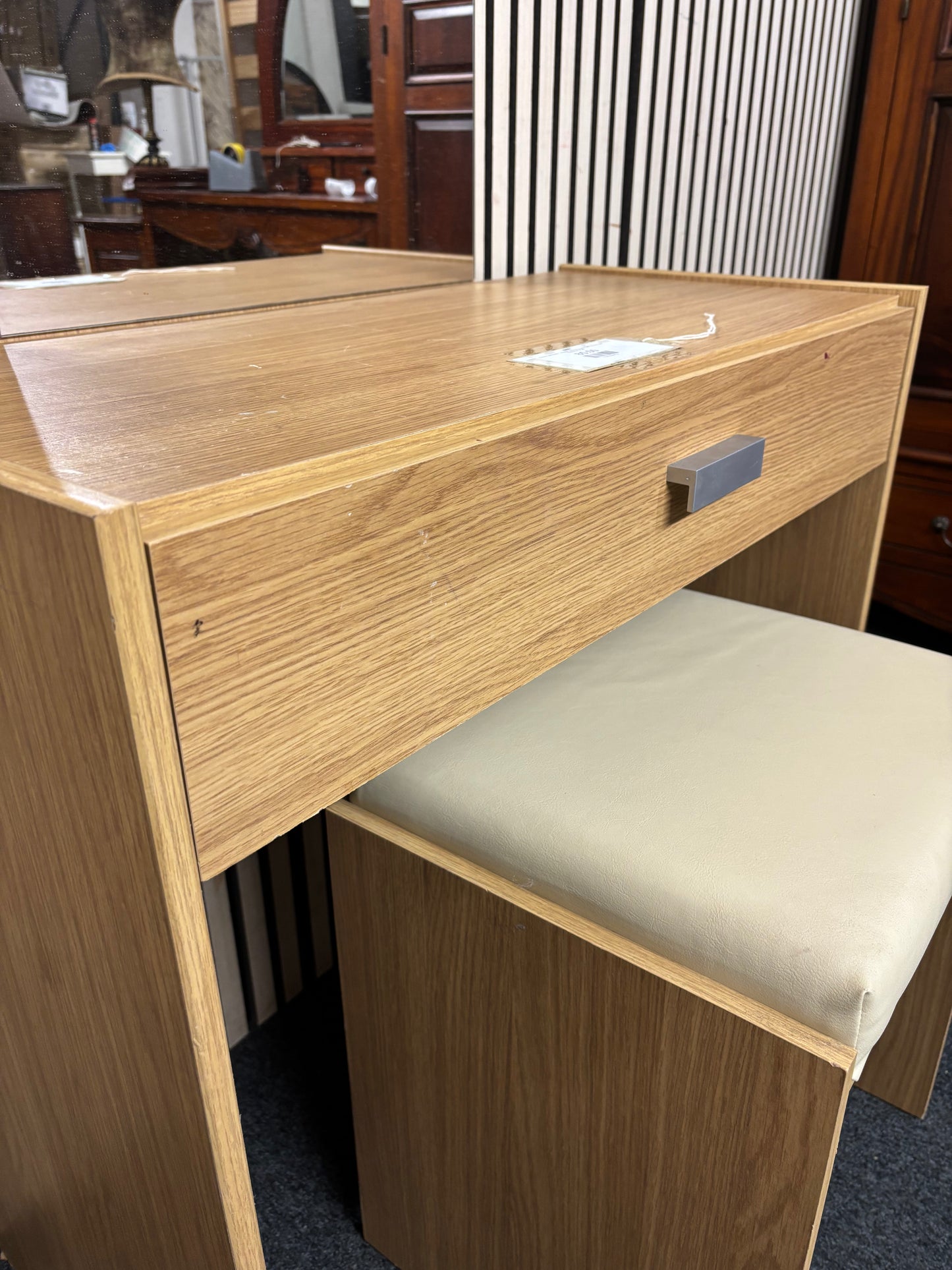 Beech laminate 1 drawer dressing table with mirror and footstool 3126