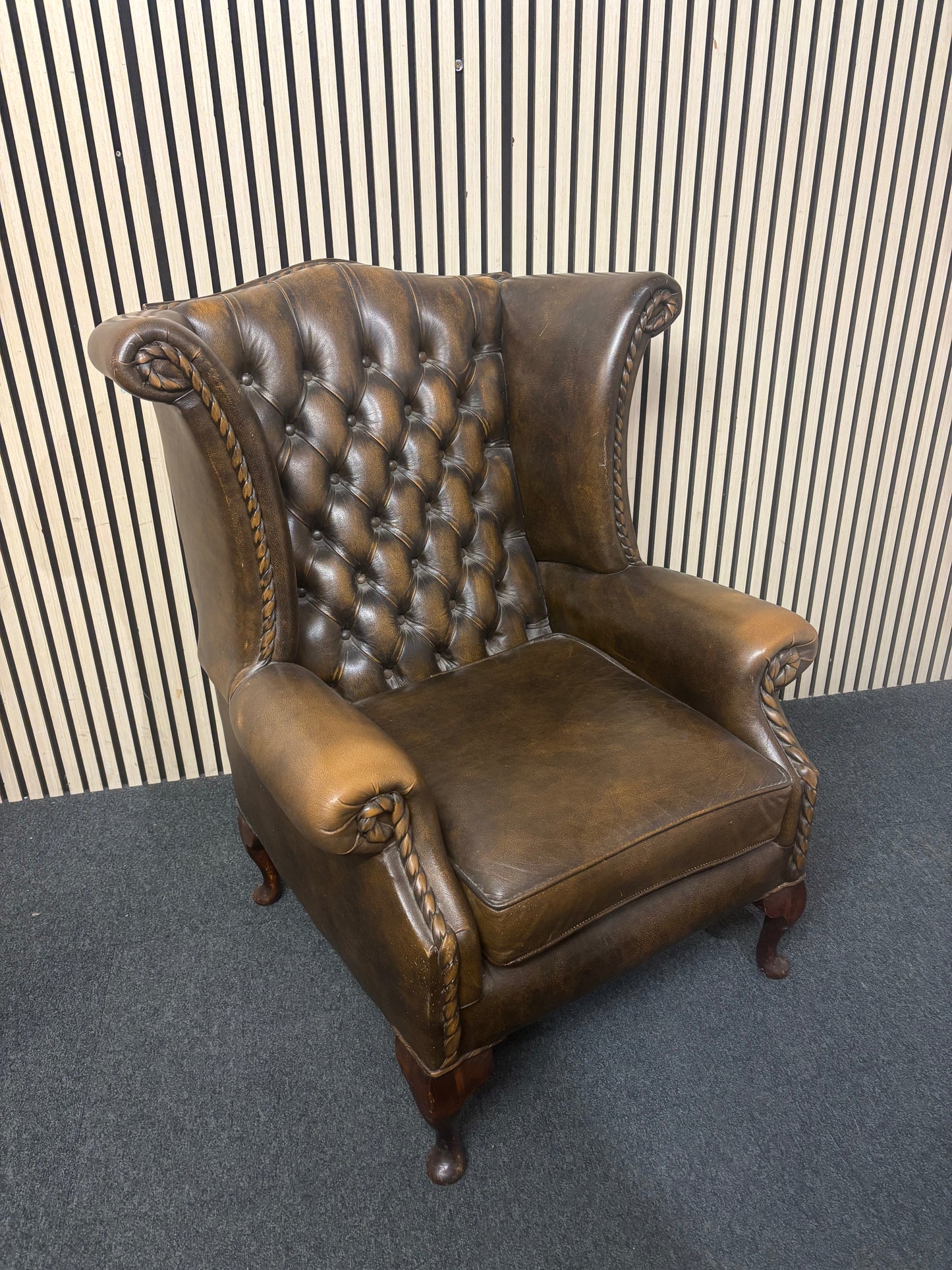 Wing back chesterfield leather chocolate brown button back armchair 3126