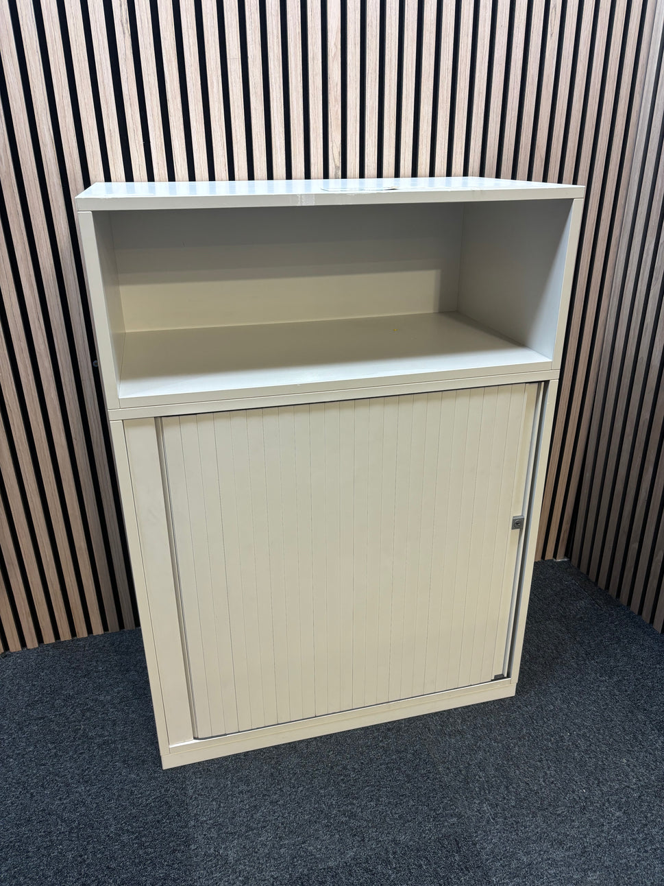 White wooden sliding door tambour unit with top storage (H 110 x W 80 x D 45 cm)