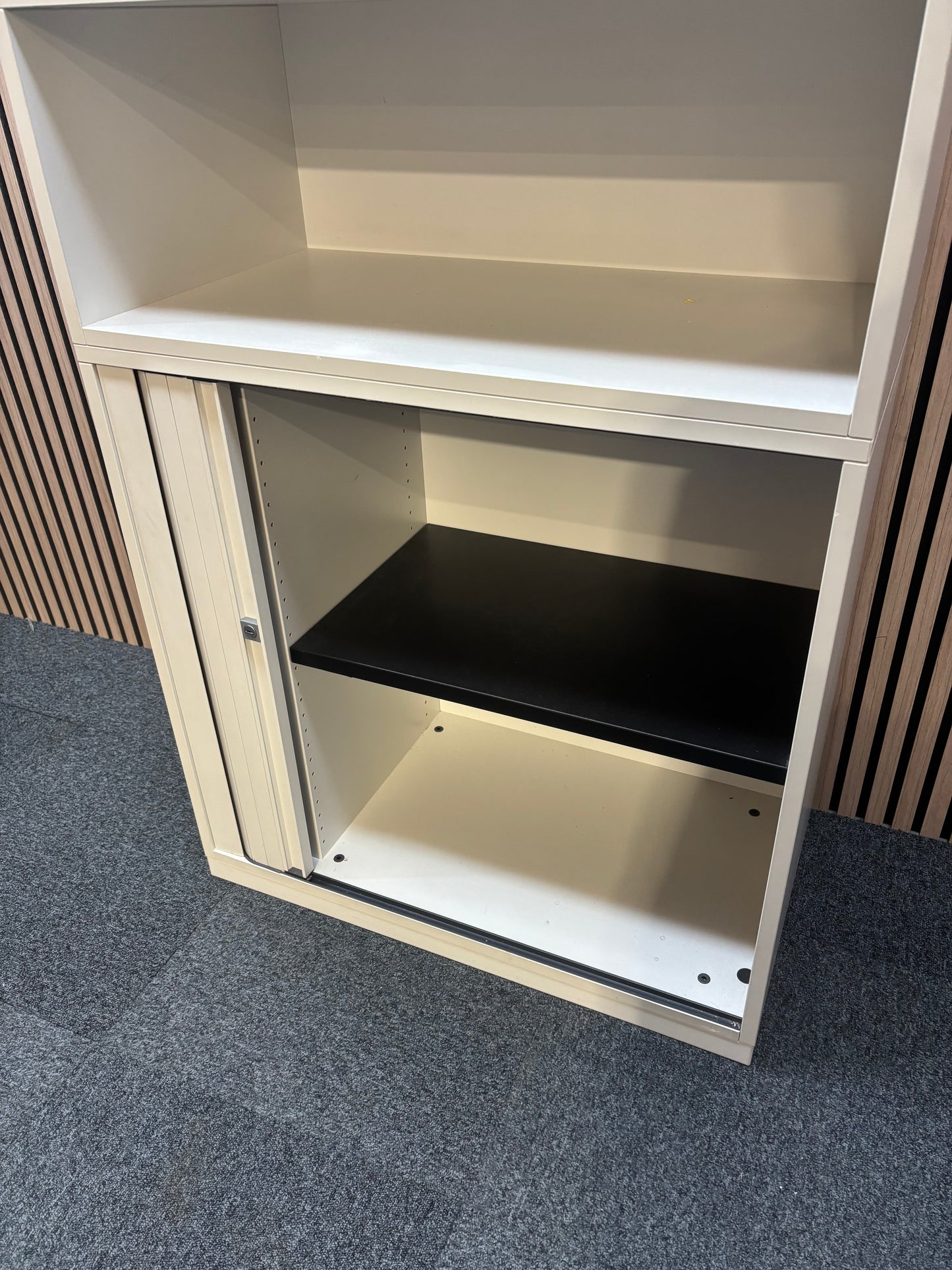 White wooden sliding door tambour unit with top storage (H 110 x W 80 x D 45 cm)