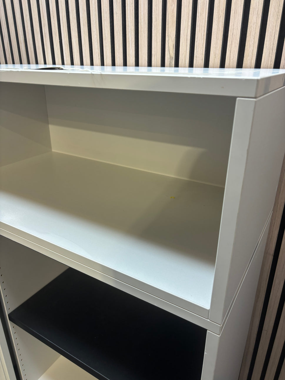 White wooden sliding door tambour unit with top storage (H 110 x W 80 x D 45 cm)