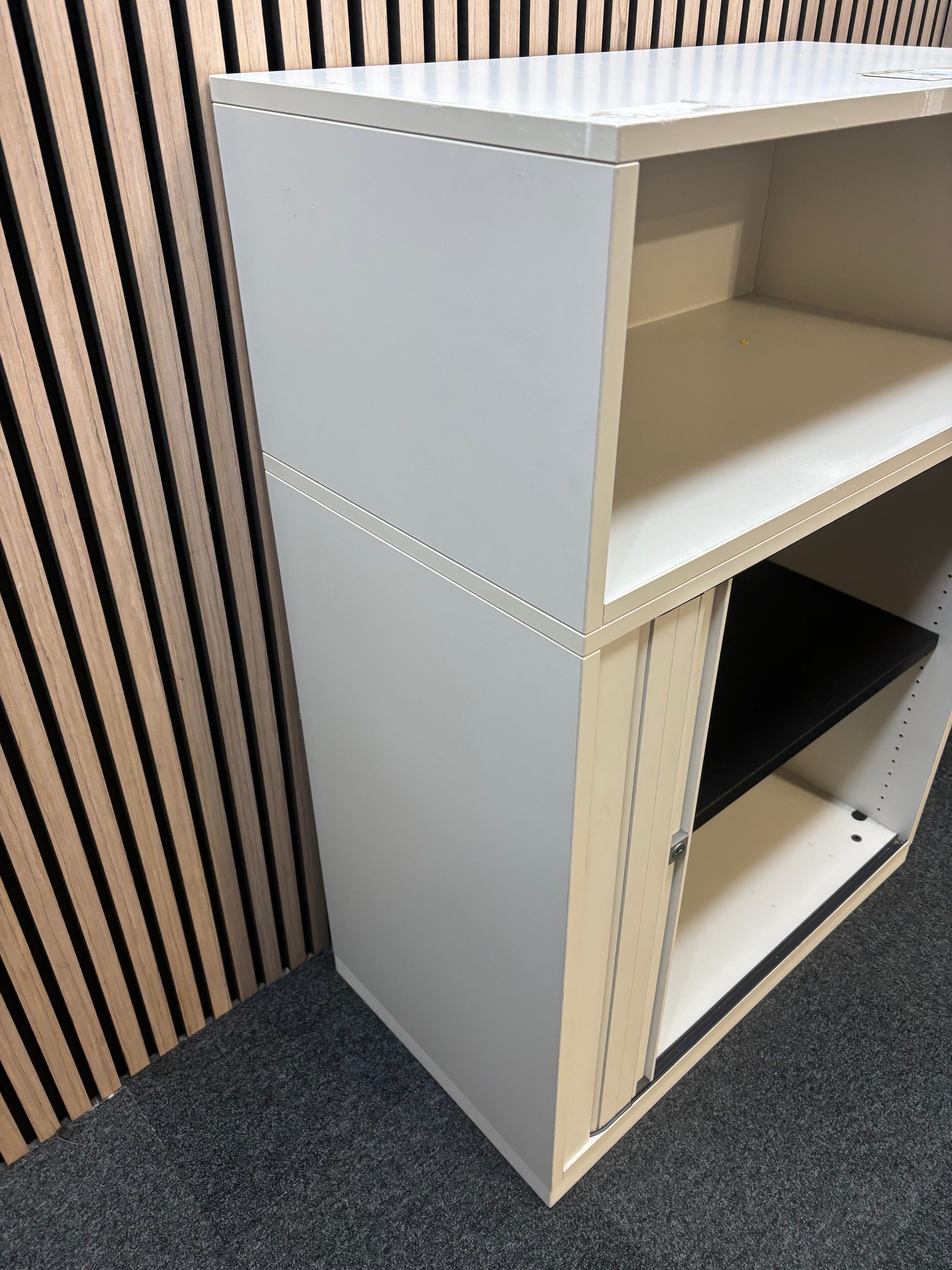 White wooden sliding door tambour unit with top storage (H 110 x W 80 x D 45 cm)