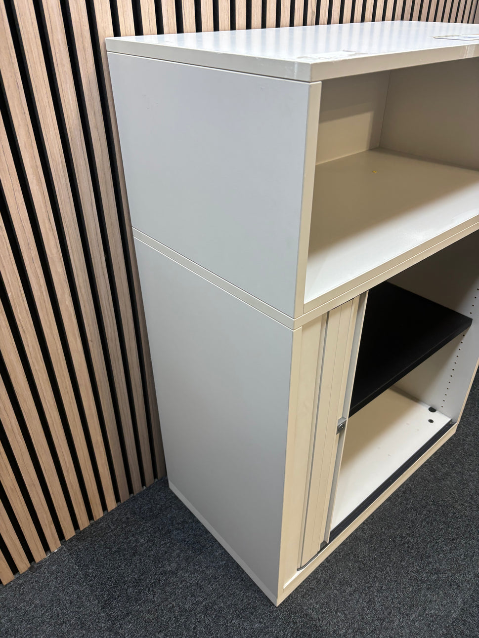 White wooden sliding door tambour unit with top storage (H 110 x W 80 x D 45 cm)