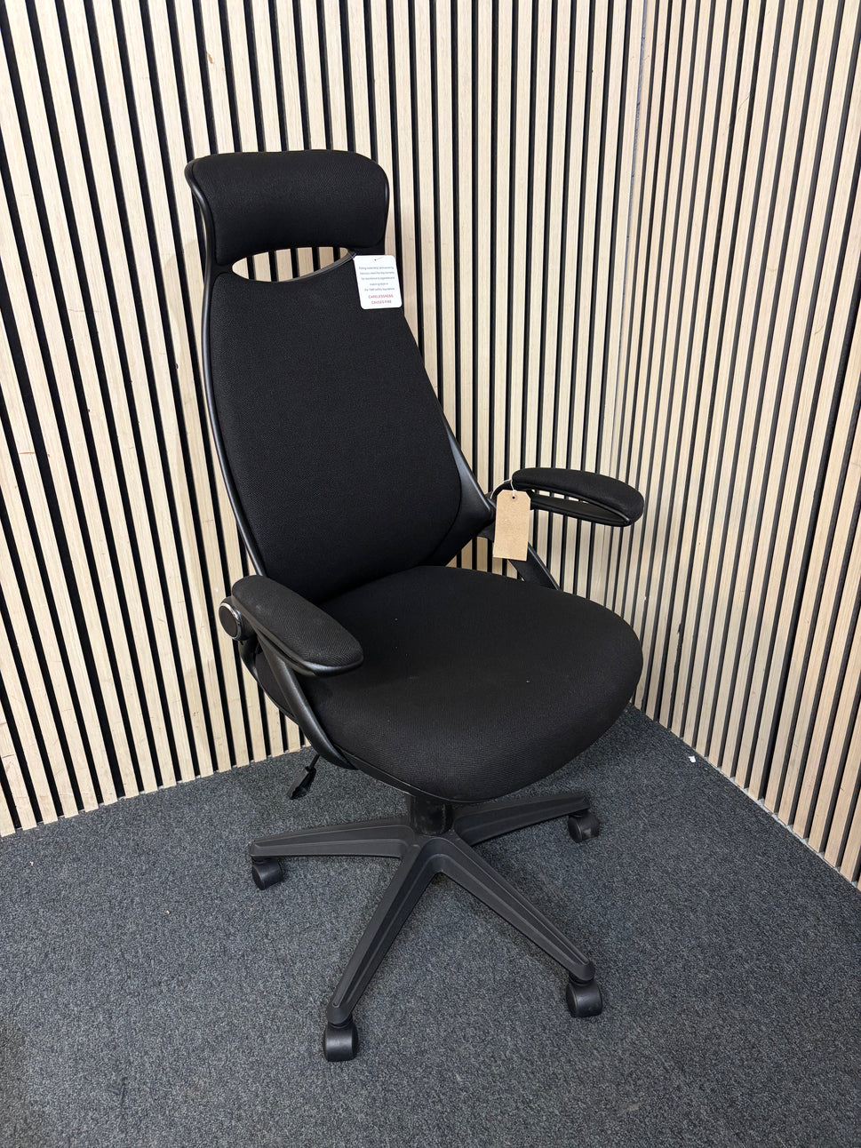 NEW Tuscan high back swivel chair, black fabric seat, fabric back and headrest with pivot arms. PRICE INC VAT