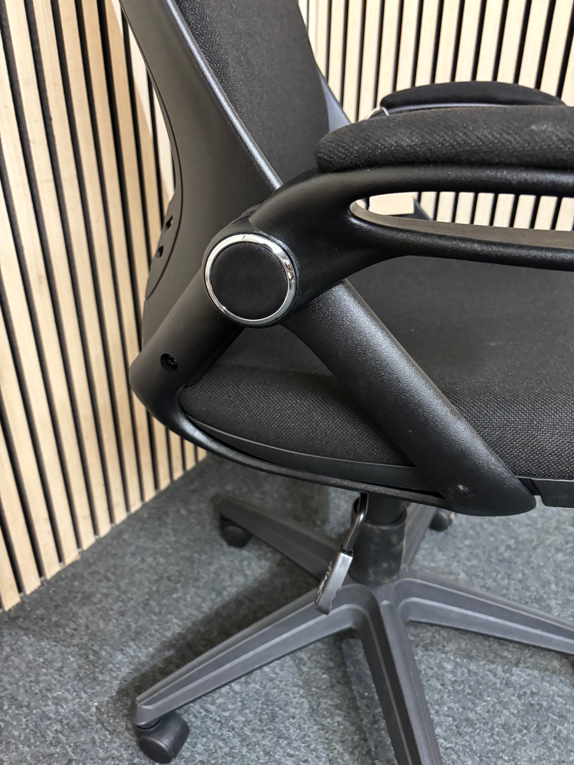 NEW Tuscan high back swivel chair, black fabric seat, fabric back and headrest with pivot arms. PRICE INC VAT