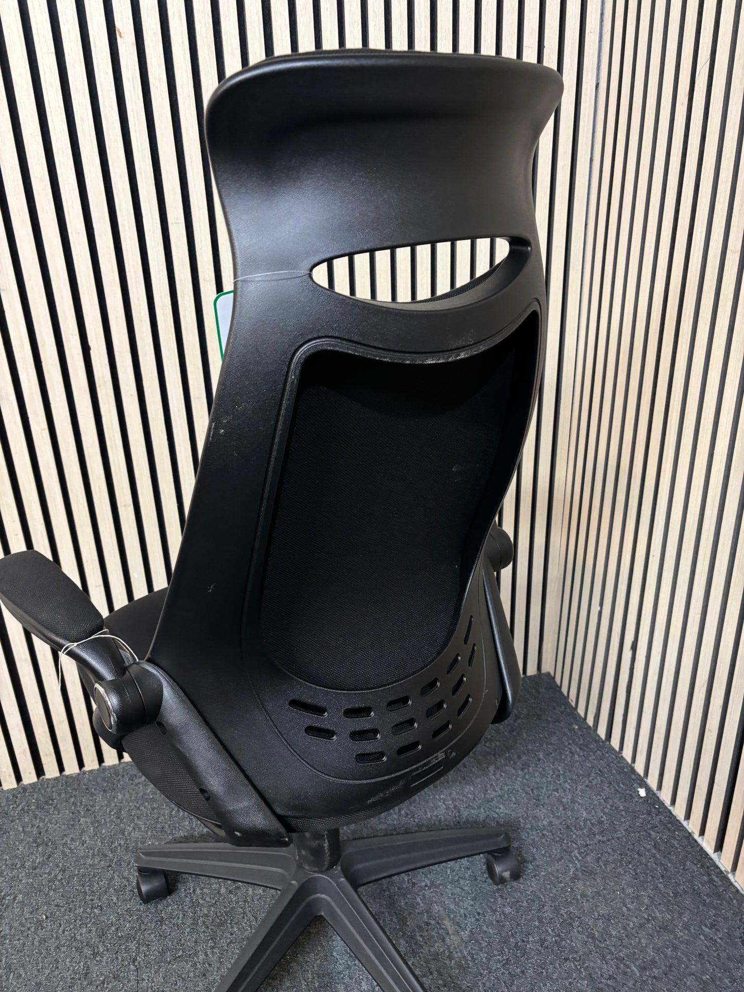 NEW Tuscan high back swivel chair, black fabric seat, fabric back and headrest with pivot arms. PRICE INC VAT