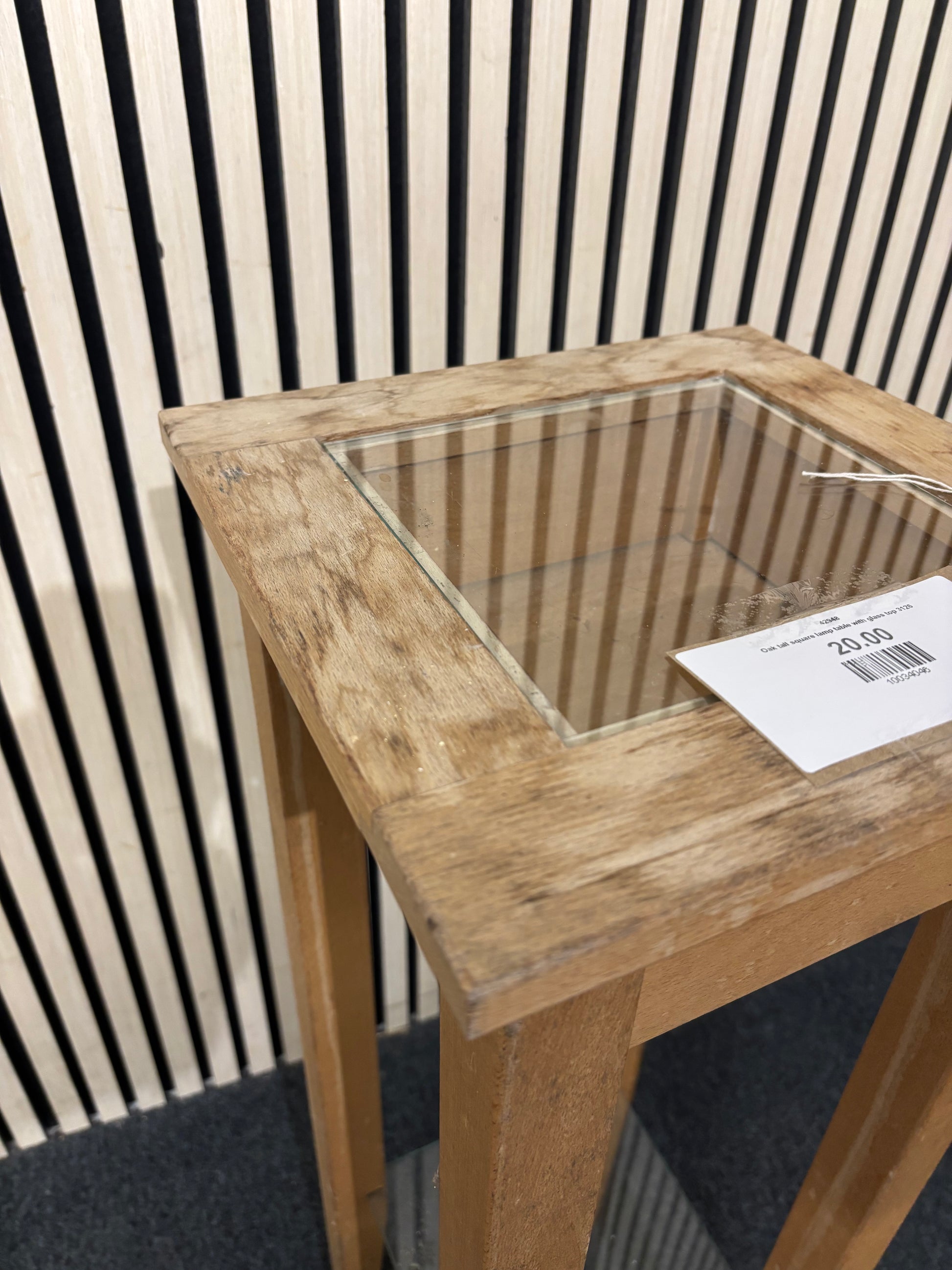 Oak tall square lamp table with glass top 3126