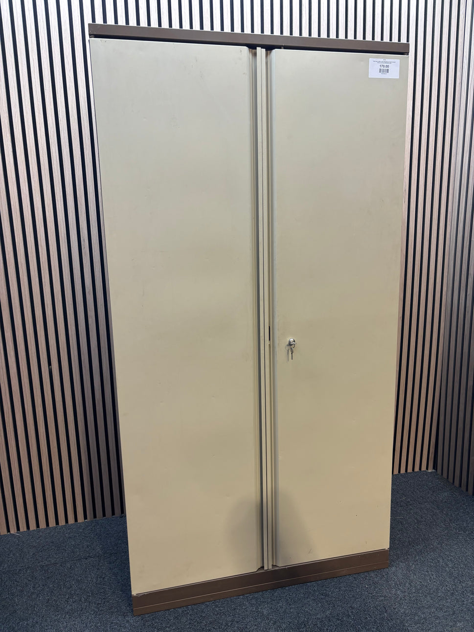Tall 2 door coffee cream tall steel unit with internal shelves and key 95Wx49Dx184H