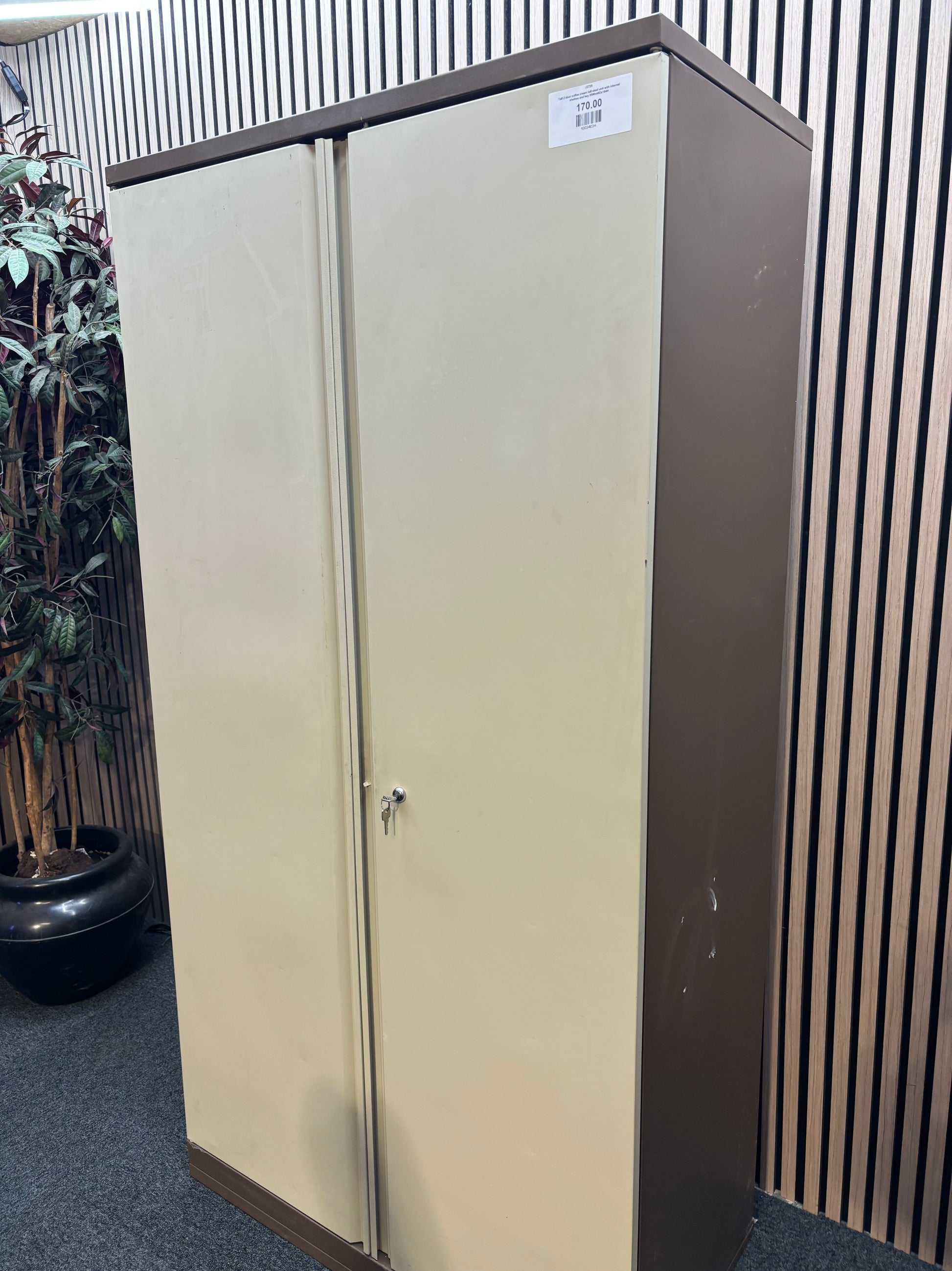 Tall 2 door coffee cream tall steel unit with internal shelves and key 95Wx49Dx184H