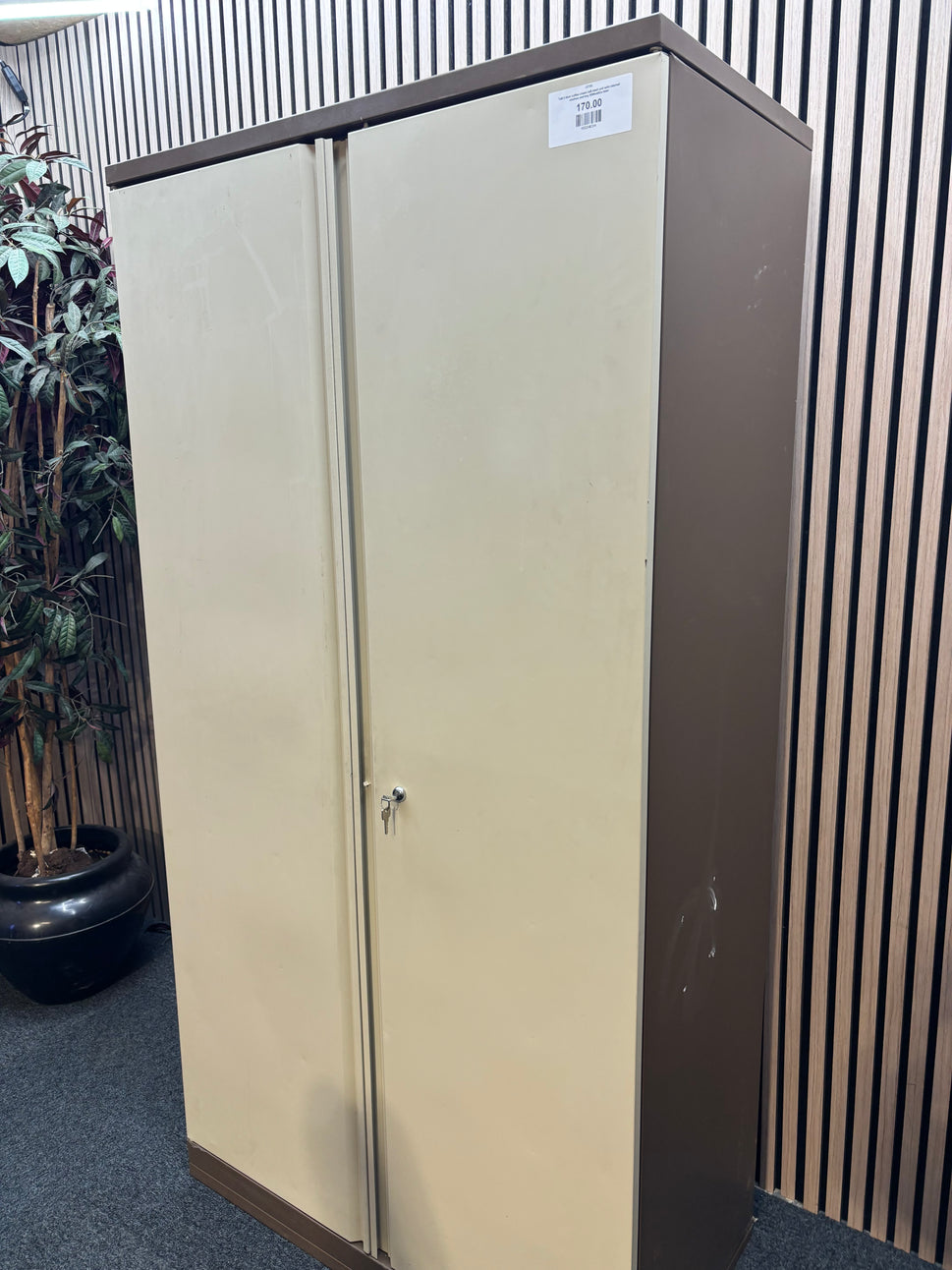 Tall 2 door coffee cream tall steel unit with internal shelves and key 95Wx49Dx184H