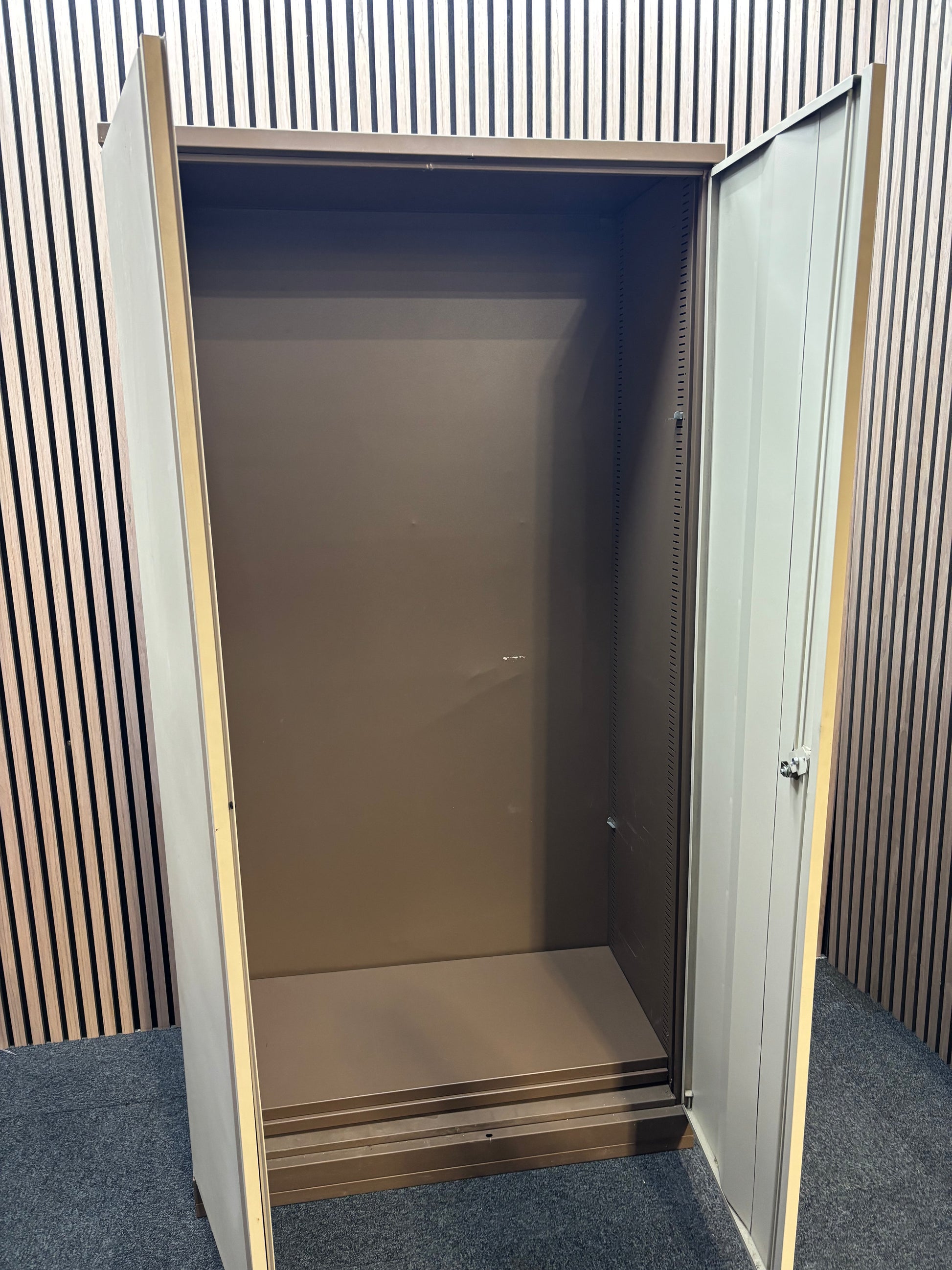 Tall 2 door coffee cream tall steel unit with internal shelves and key 95Wx49Dx184H