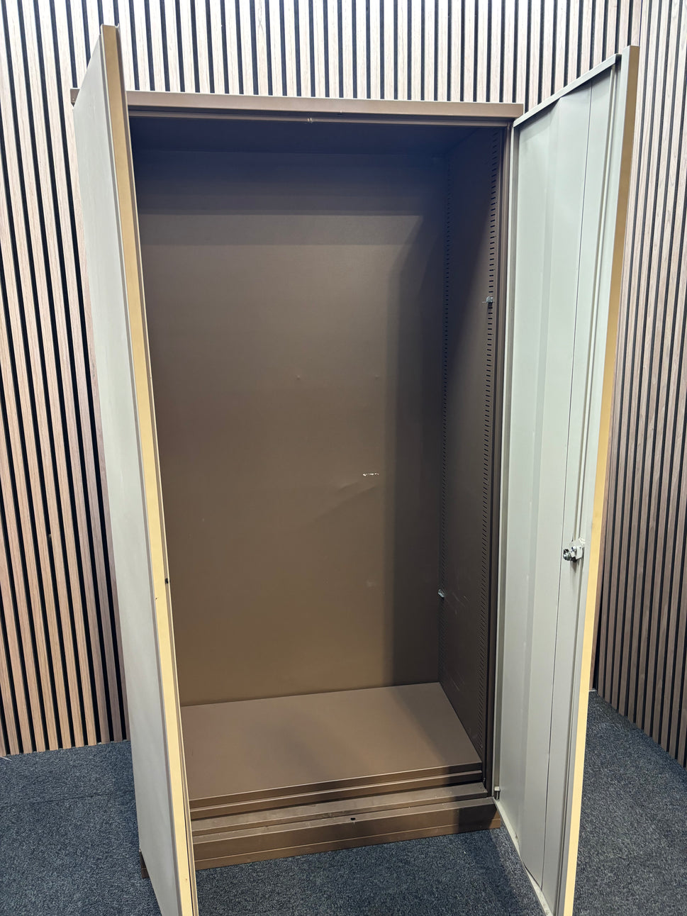Tall 2 door coffee cream tall steel unit with internal shelves and key 95Wx49Dx184H