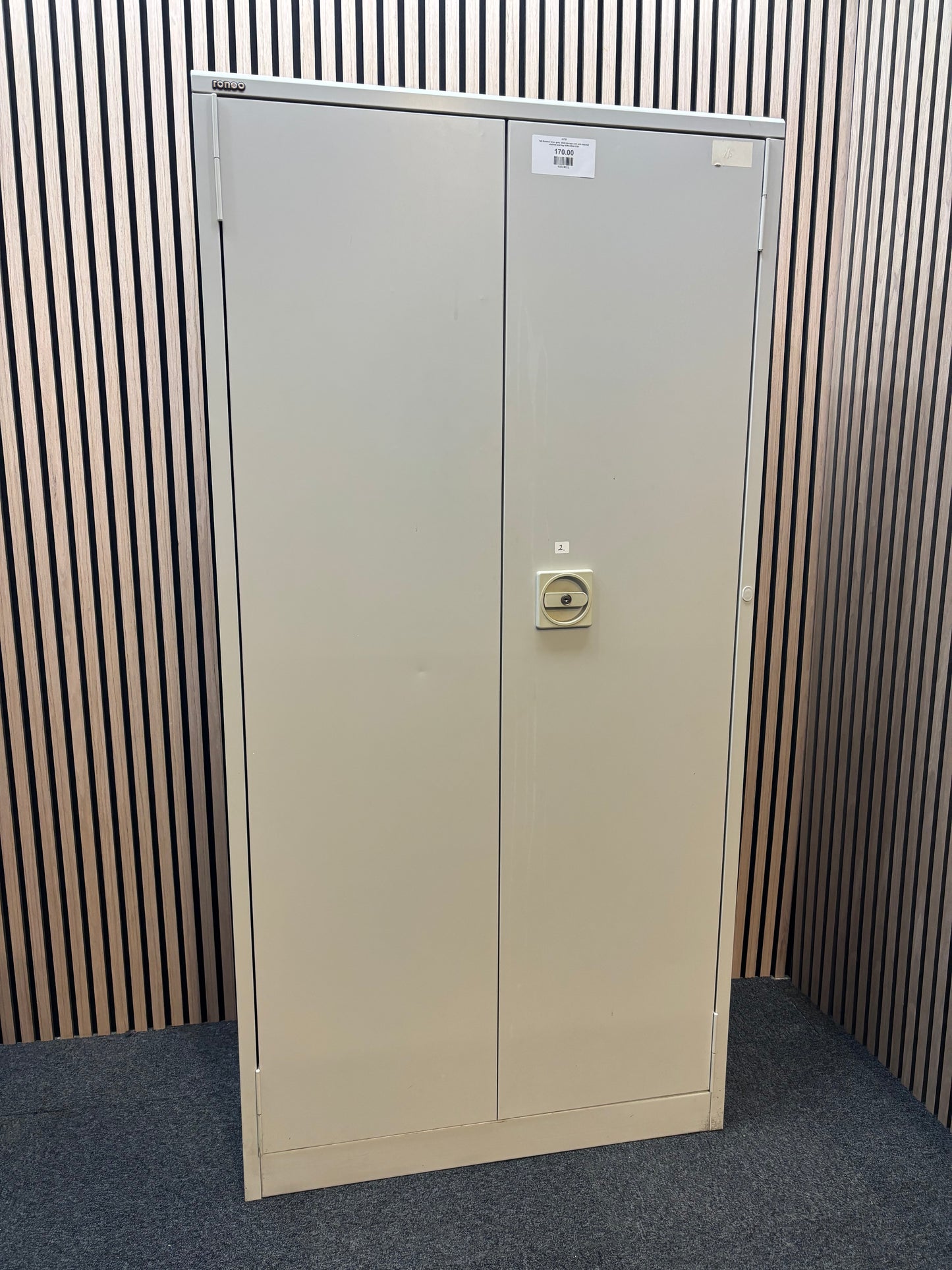 Tall Roneo 2 door grey  steel storage unit with internal shelves and key 92Wx46Dx183H