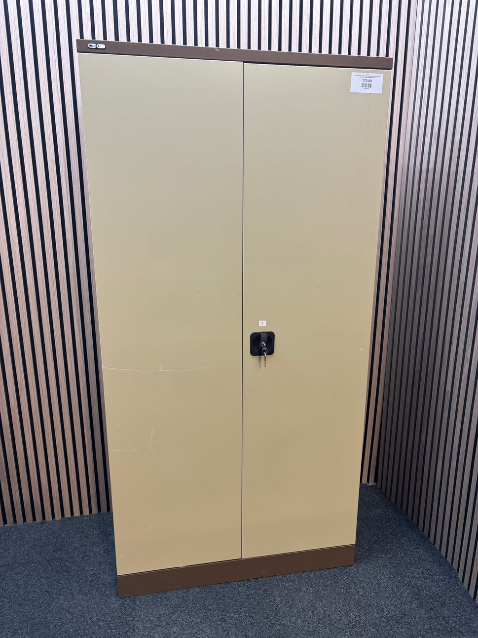 Tall GO 2 door coffee cream tall steel unit with internal shelves and key 91Wx46Dx183H