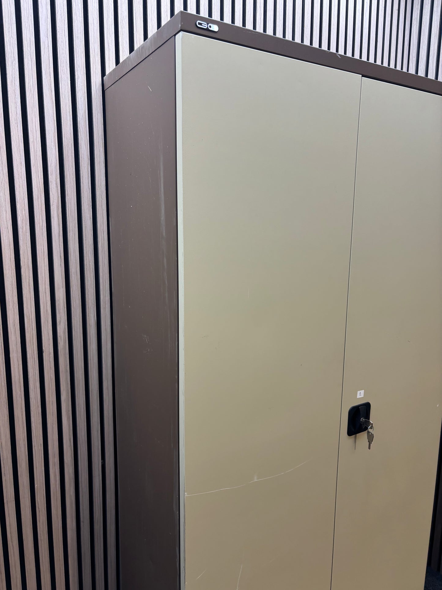 Tall GO 2 door coffee cream tall steel unit with internal shelves and key 91Wx46Dx183H