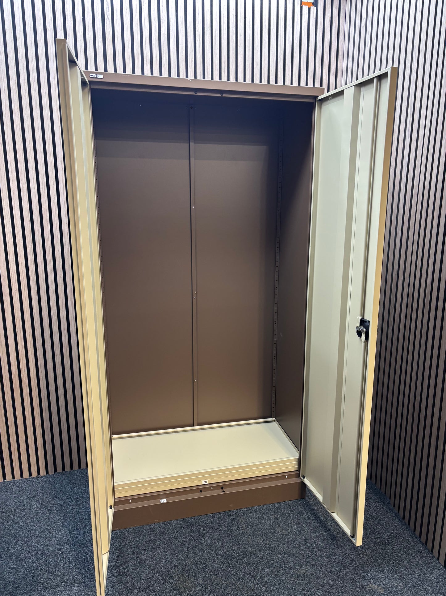 Tall GO 2 door coffee cream tall steel unit with internal shelves and key 91Wx46Dx183H