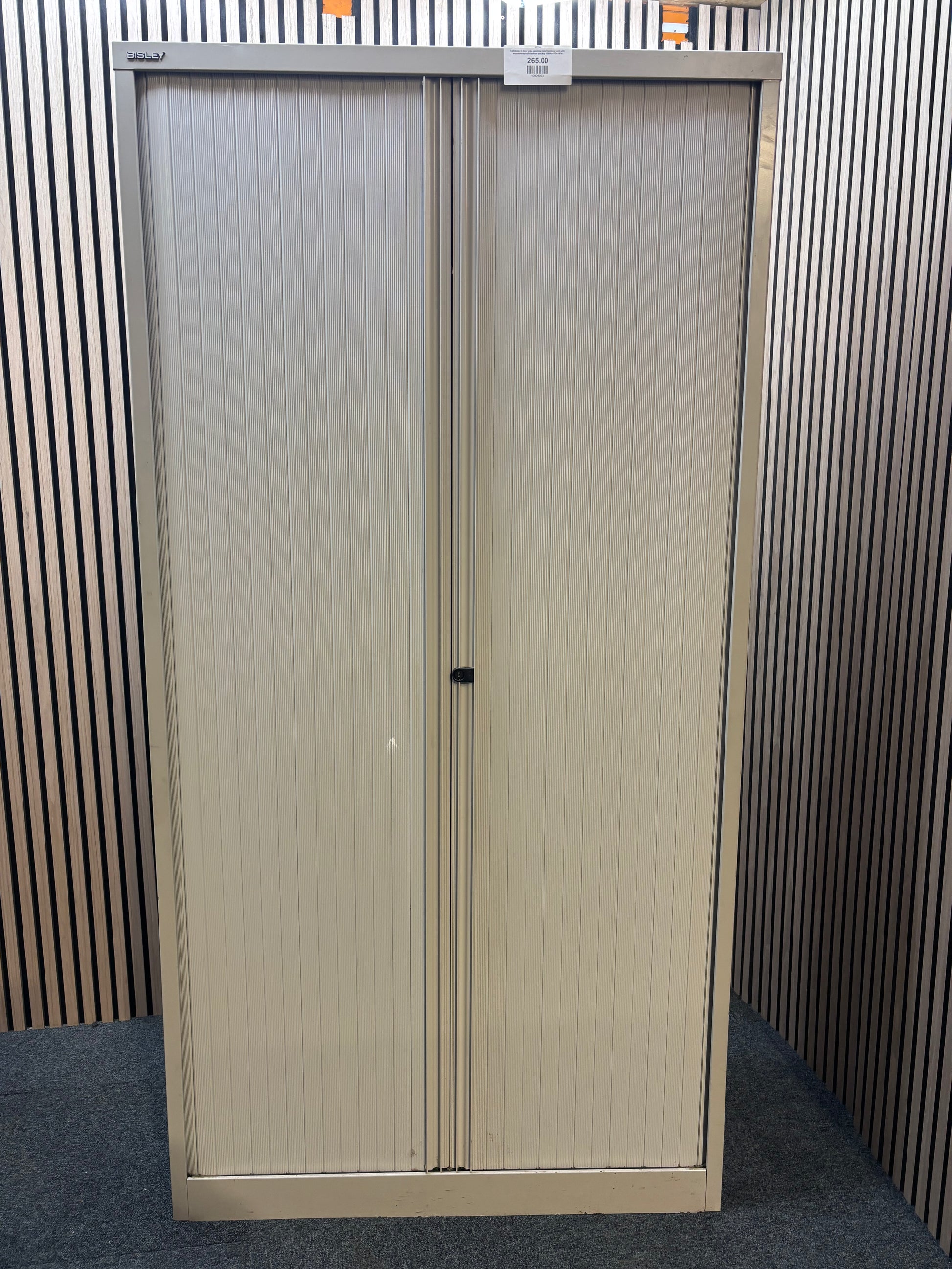 Tall Bisley 2 door side opening metal tambour unit with wooden internal shelves and key 100Wx47Dx197H