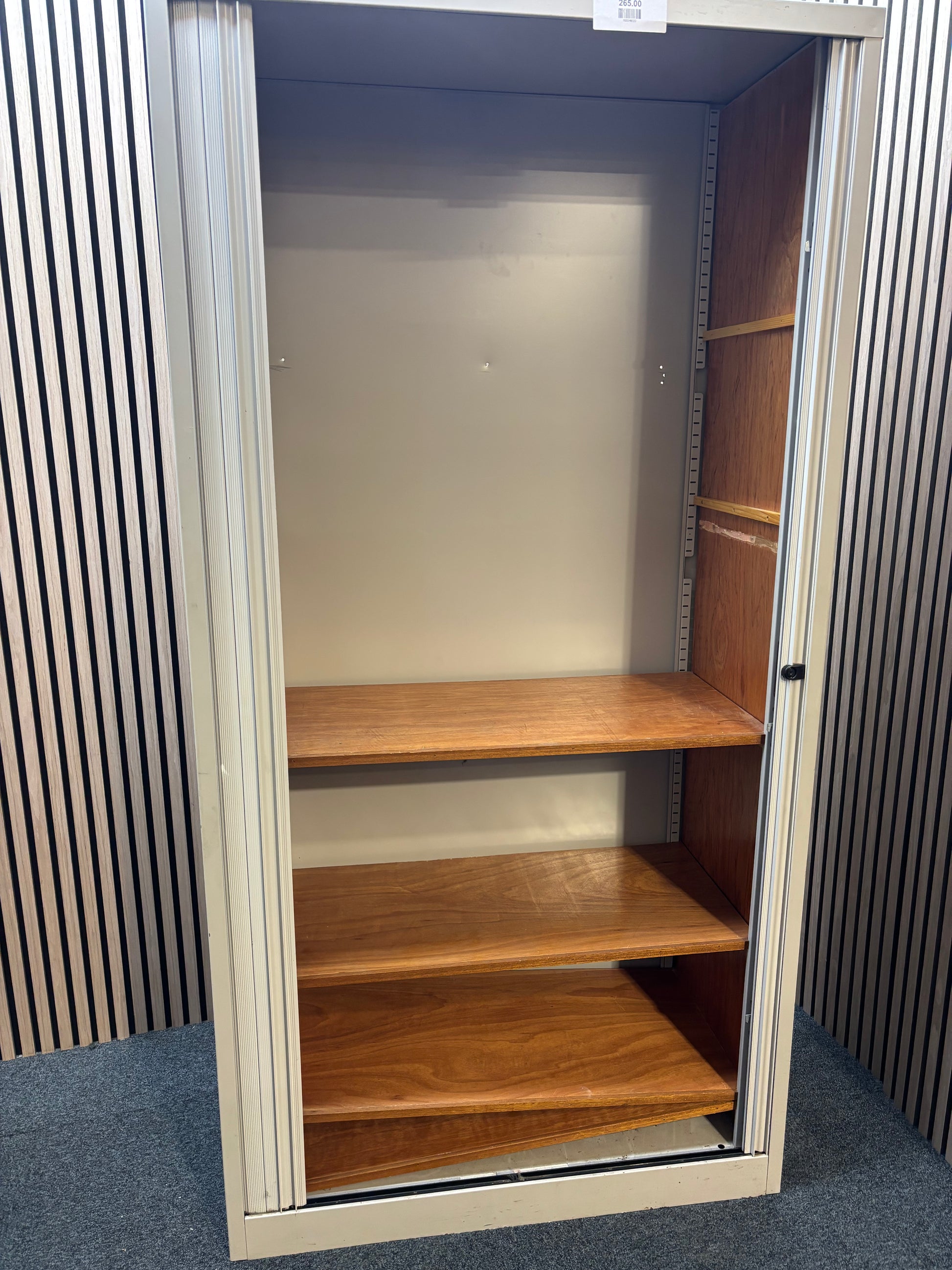 Tall Bisley 2 door side opening metal tambour unit with wooden internal shelves and key 100Wx47Dx197H