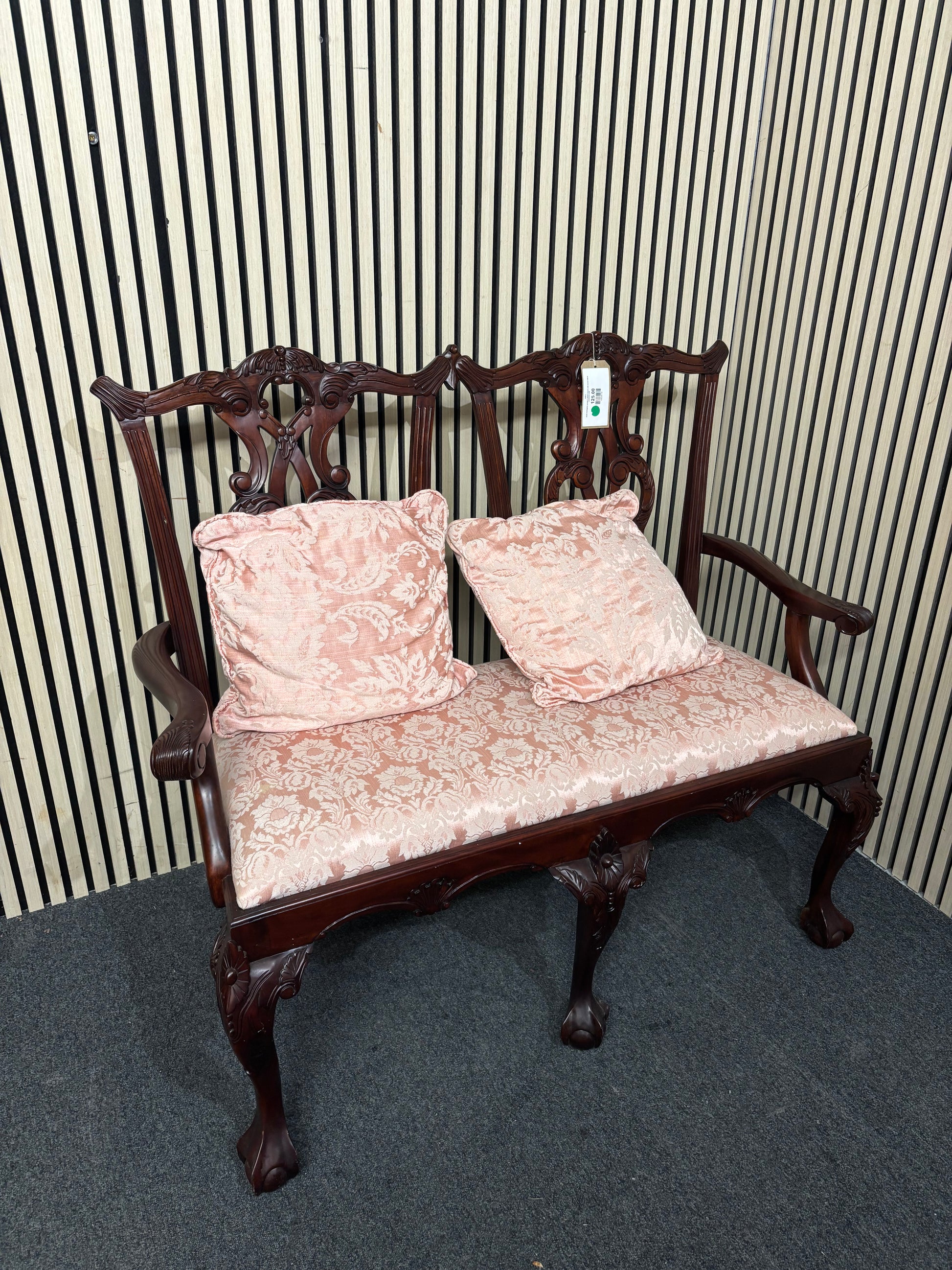 Solid mahogany ornate 2 seater bench with mixed fabric cushions 3126