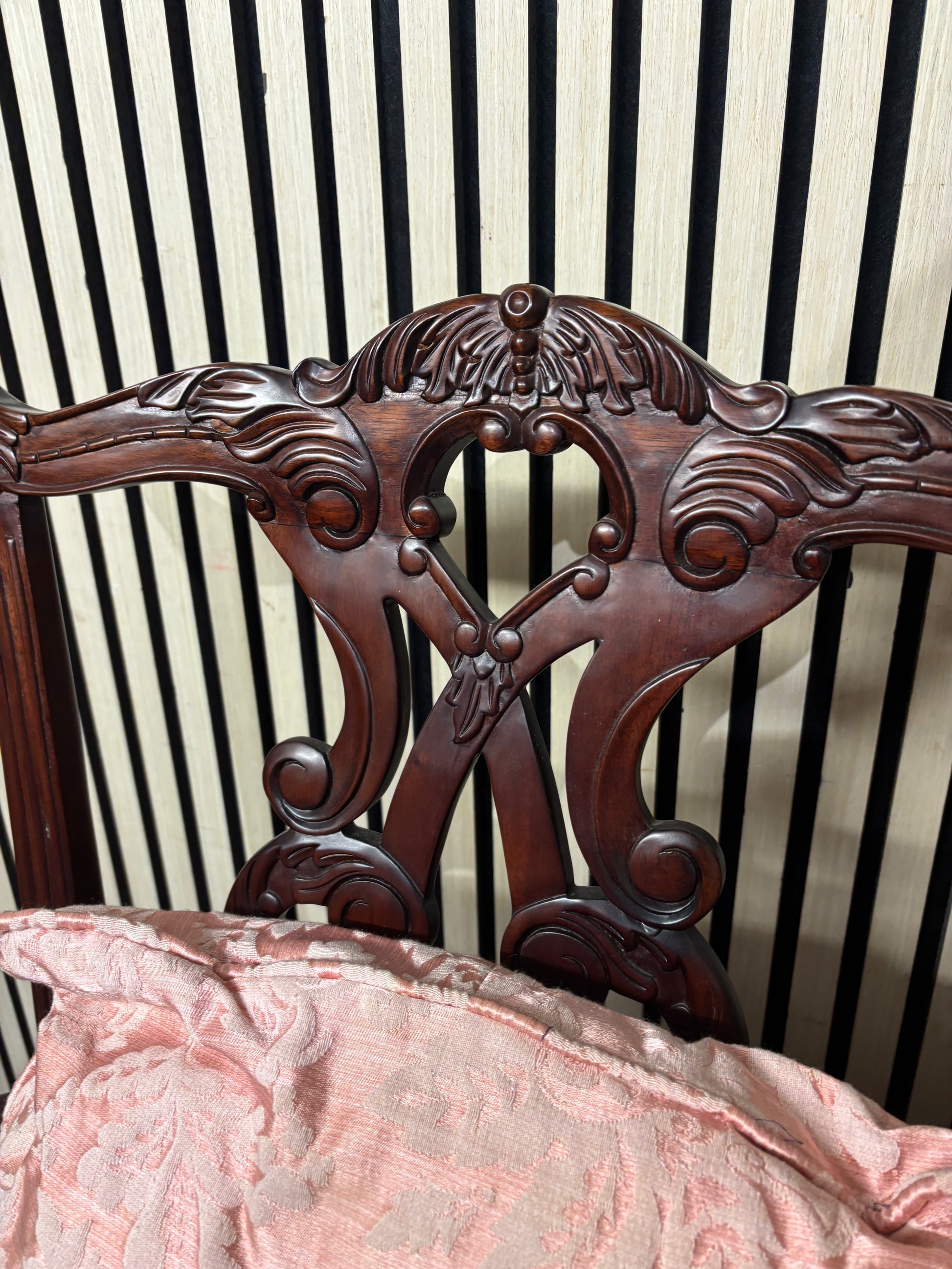 Solid mahogany ornate 2 seater bench with mixed fabric cushions 3126