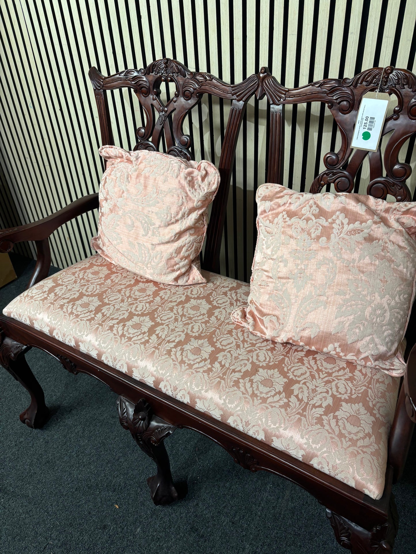 Solid mahogany ornate 2 seater bench with mixed fabric cushions 3126