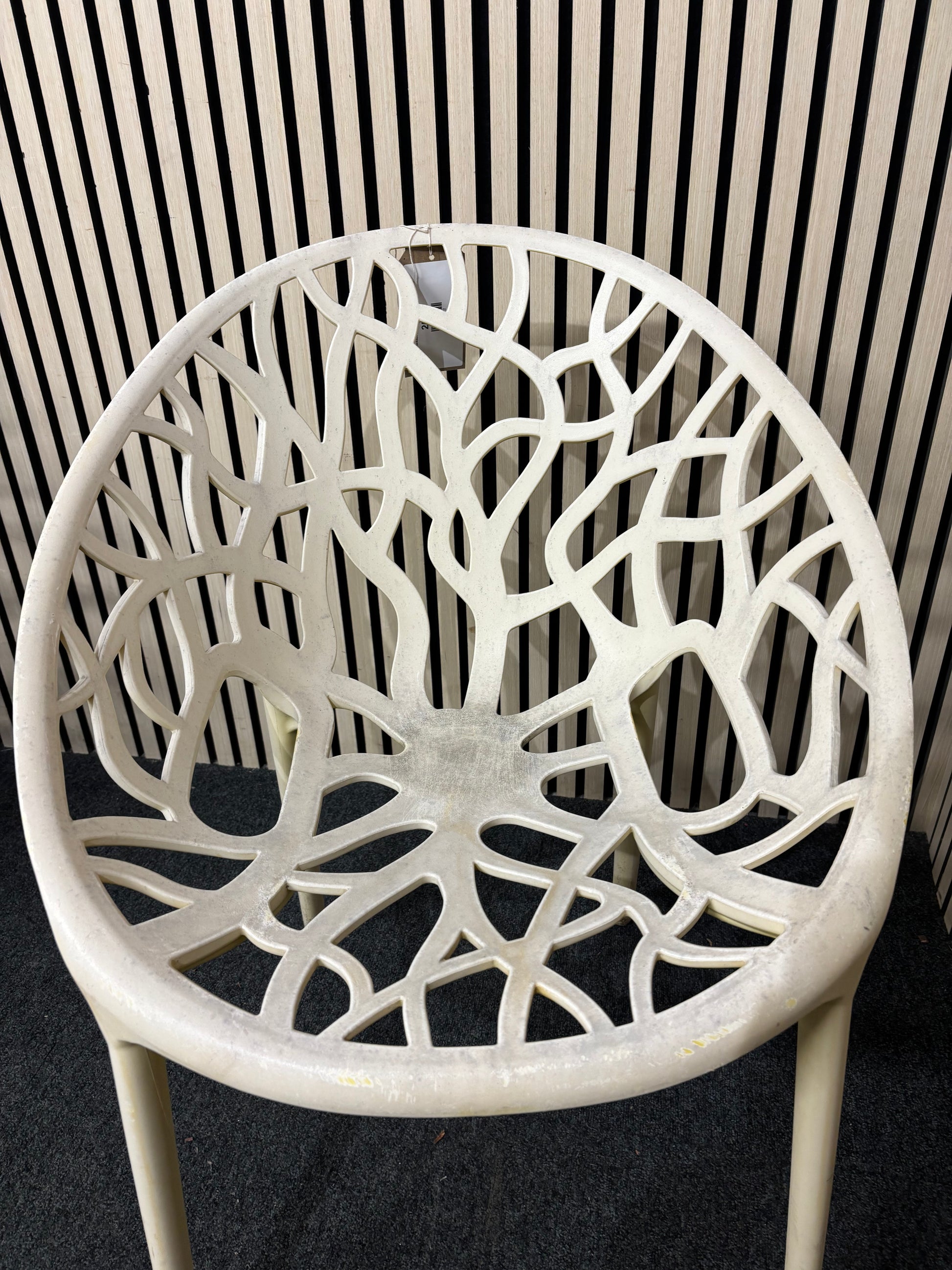 white stackable plastic outdoor chair - sun faded 3126
