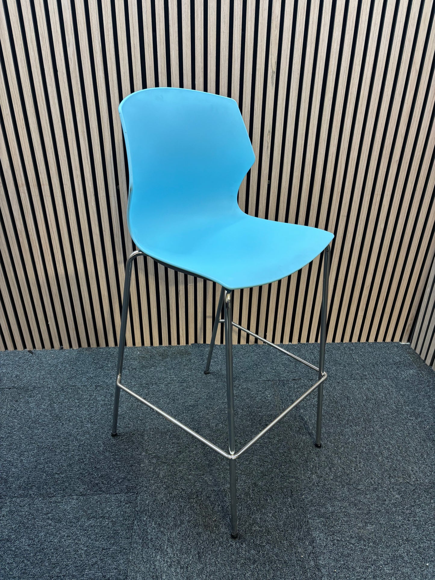 Roscoe high stool with chrome legs and plastic shell- ice blue