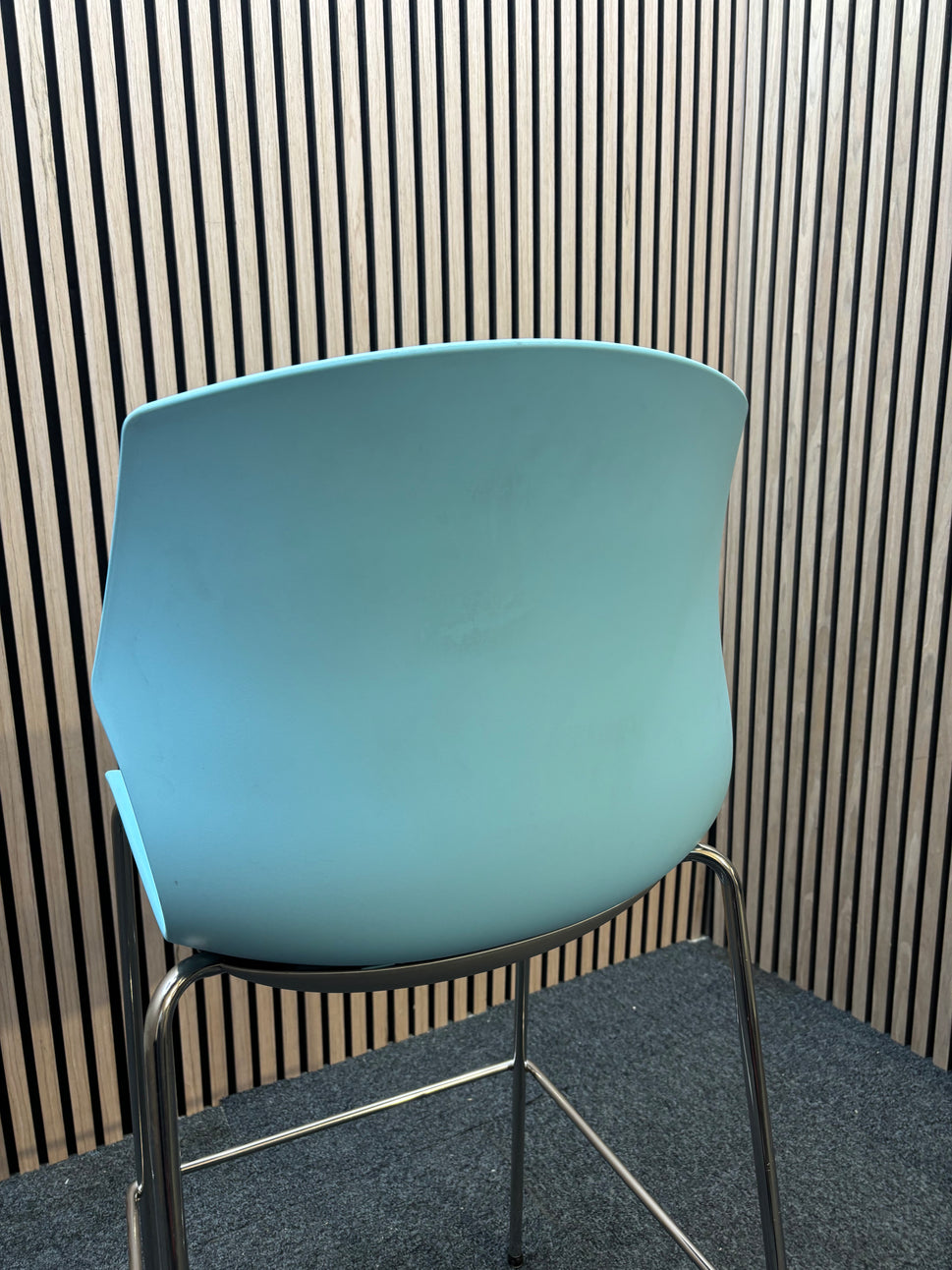 Roscoe high stool with chrome legs and plastic shell- ice blue