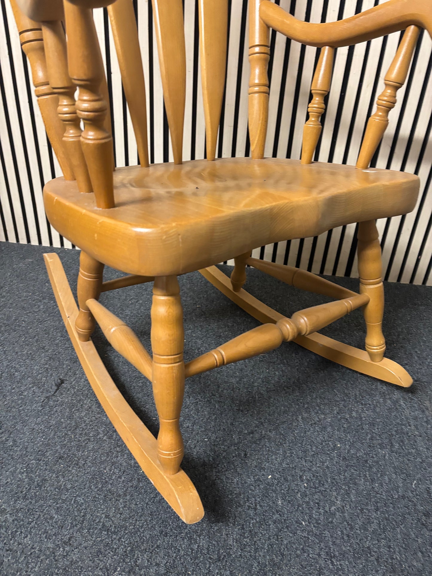 High back solid wood rocking chair with ornate details  2226