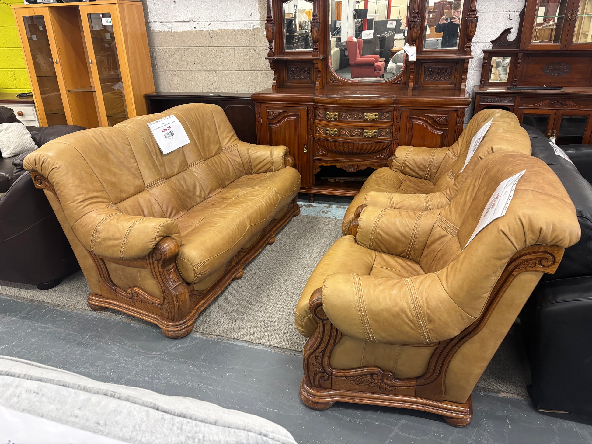 3+2+1 tan leather, solid wood framed sofa suite 3126