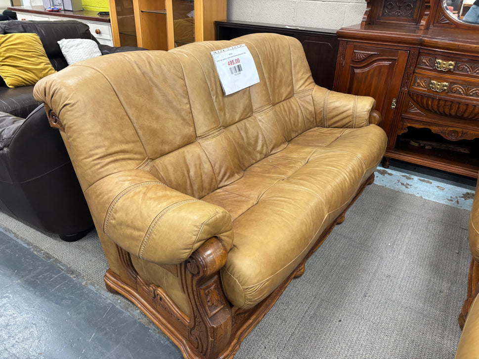 3+2+1 tan leather, solid wood framed sofa suite 3126