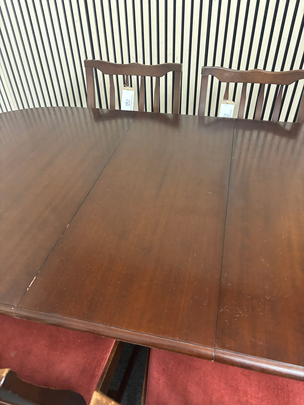 Small solid dark wood stained oval table with 4 chairs and 2 carvers (W 150, 188 extnd x D 90 cm) 2226