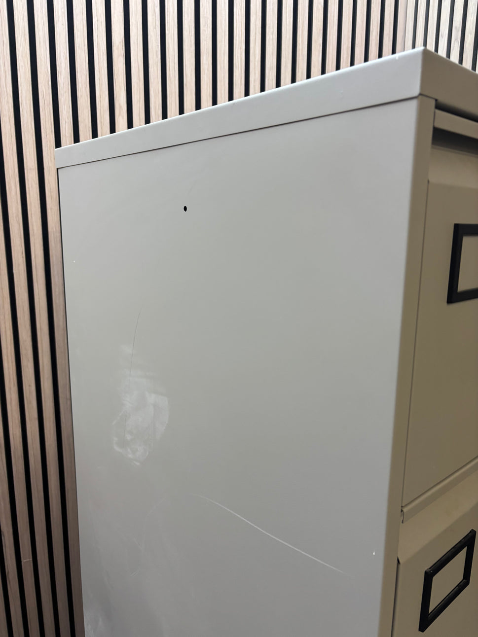 Grey metal 4 drawer filing cabinet with key