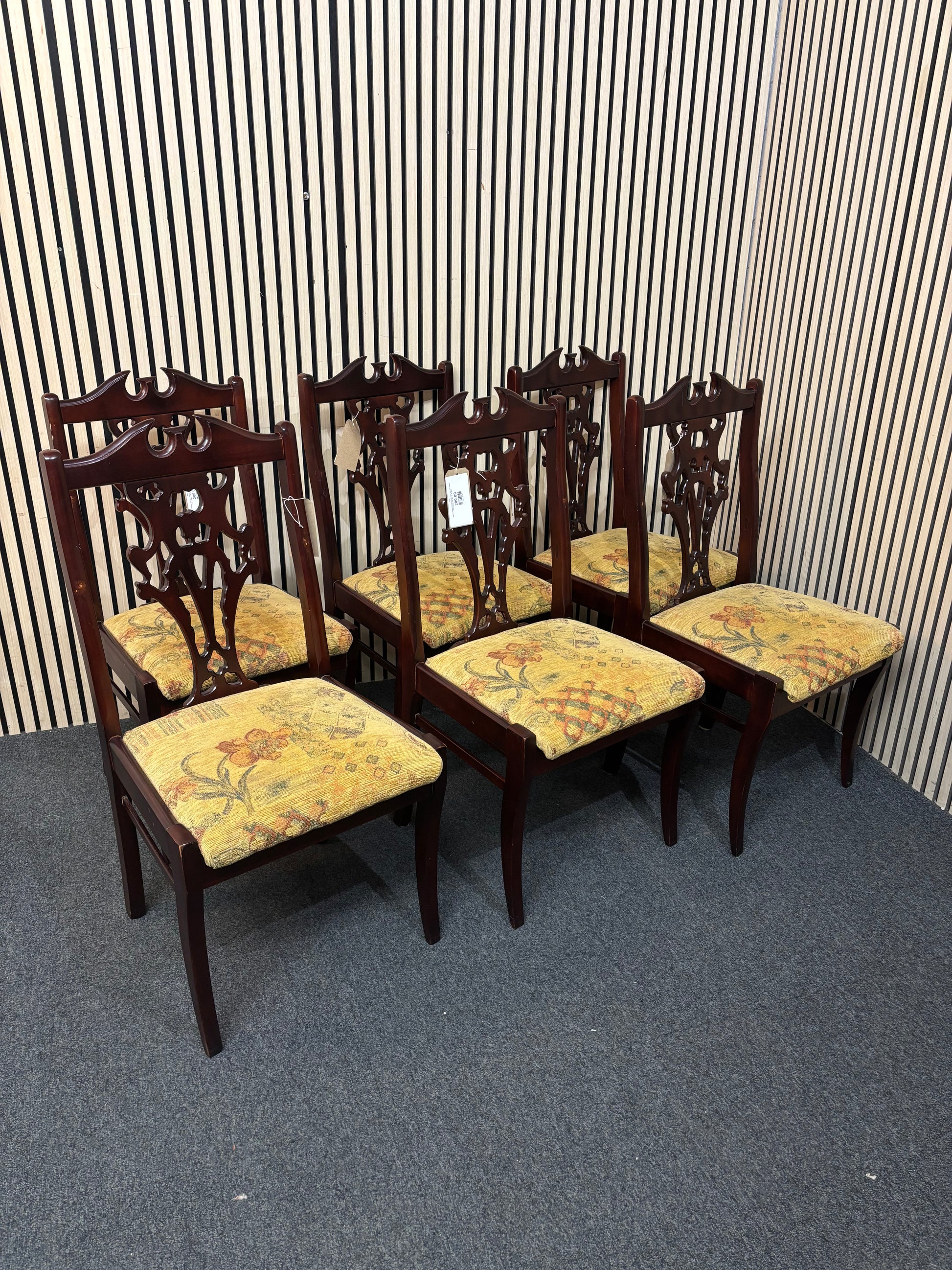 Solid mahogany framed ornate dining chair with mixed fabric yellow seat (SET OF 6) 43457