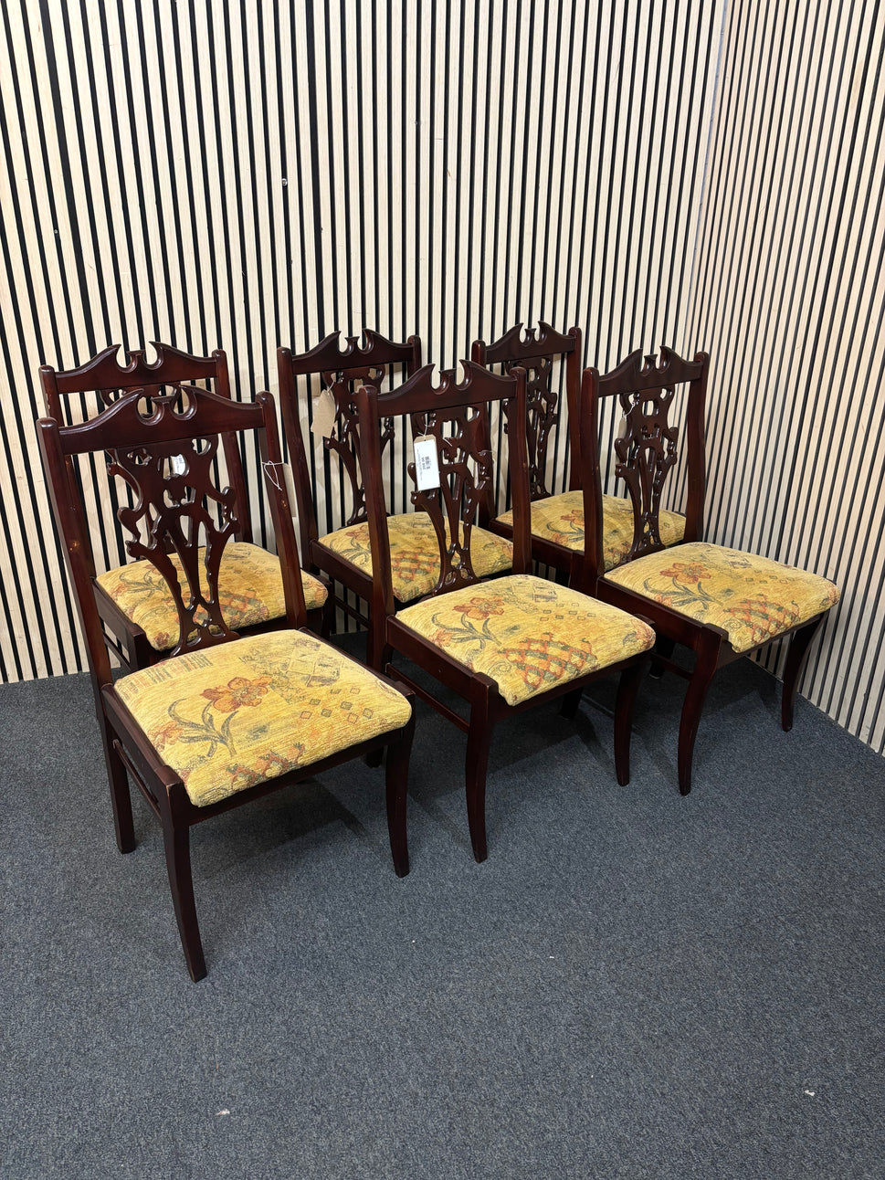 Solid mahogany framed ornate dining chair with mixed fabric yellow seat (SET OF 6) 43457