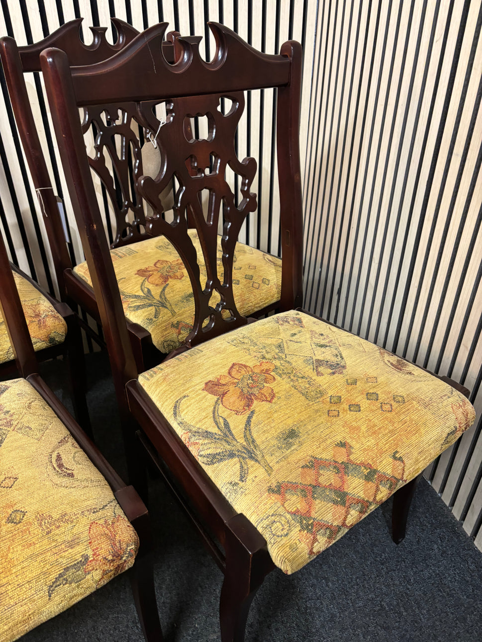 Solid mahogany framed ornate dining chair with mixed fabric yellow seat (SET OF 6) 43457