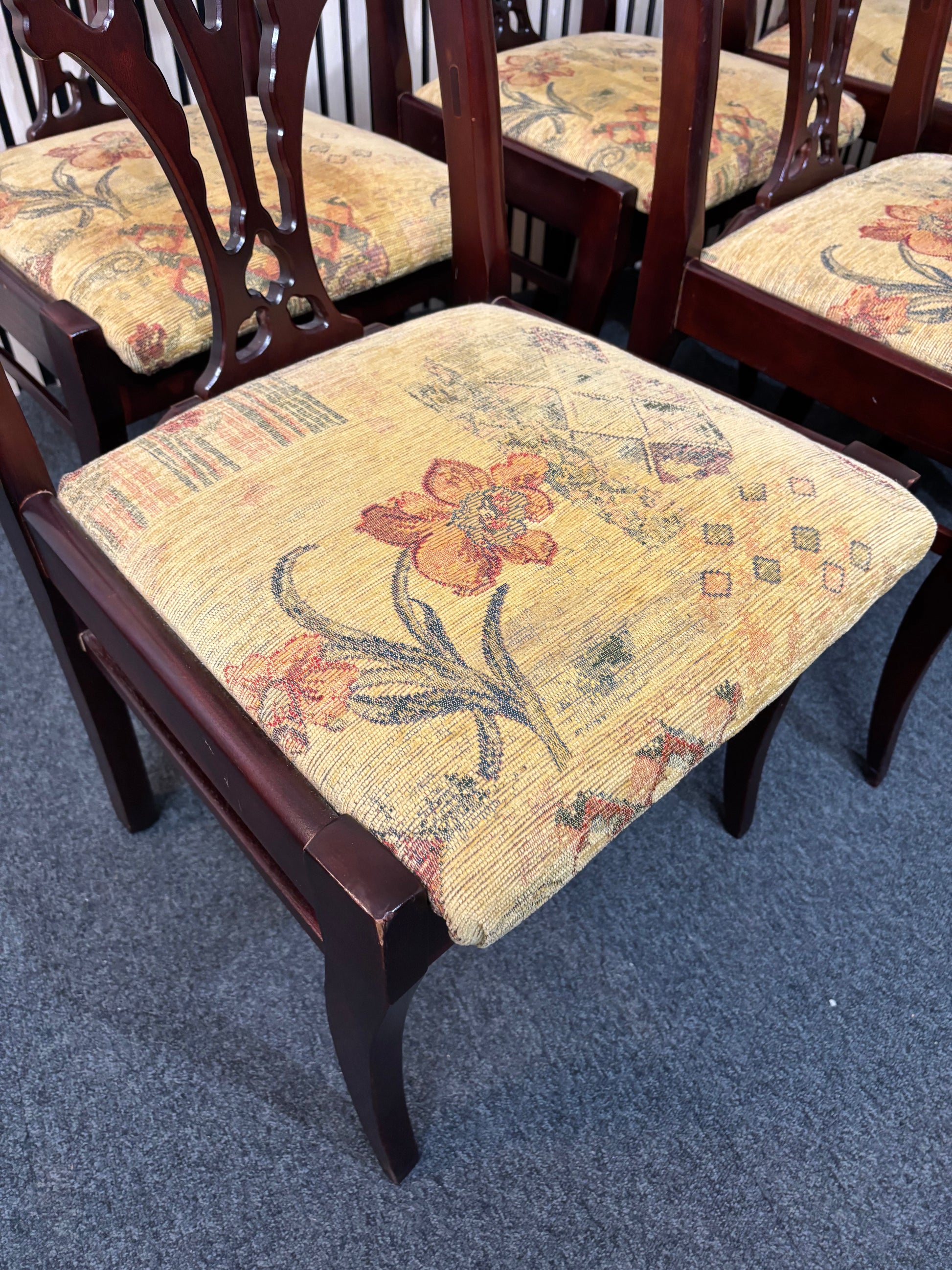 Solid mahogany framed ornate dining chair with mixed fabric yellow seat (SET OF 6) 43457