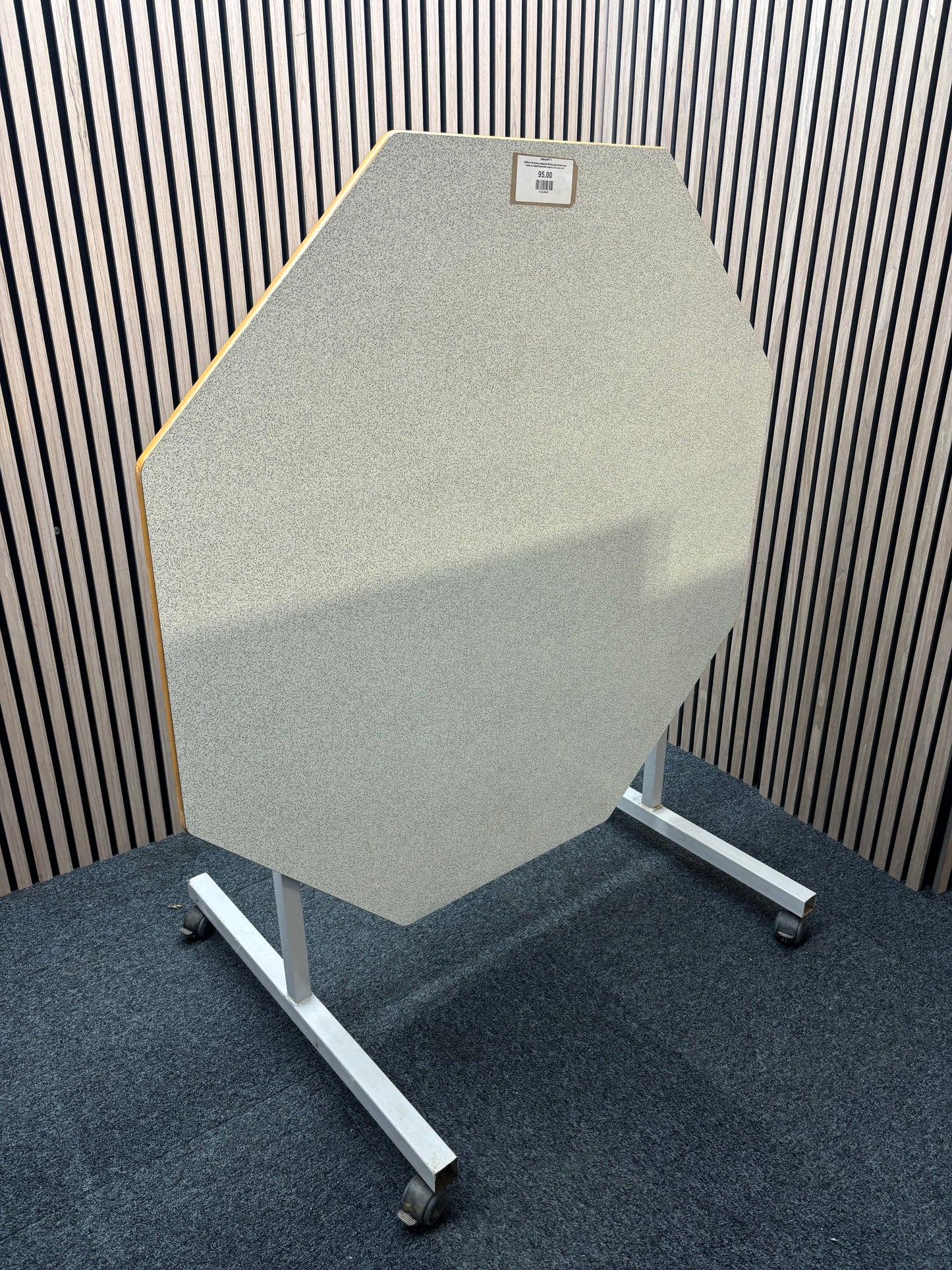 1200mm 50 pence octagonal tilt top grey formica top table on metal frame with castors. Price inc VAT