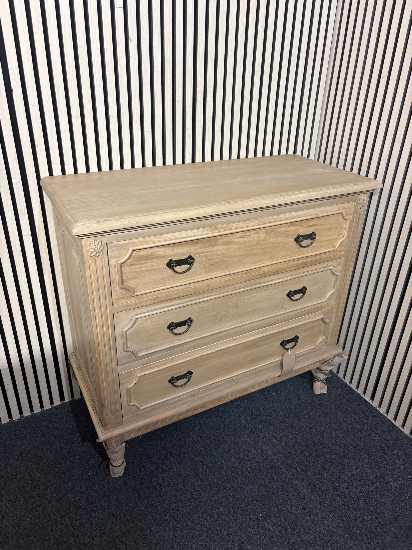 Solid natural wood large ornate 3 drawer chest  43543