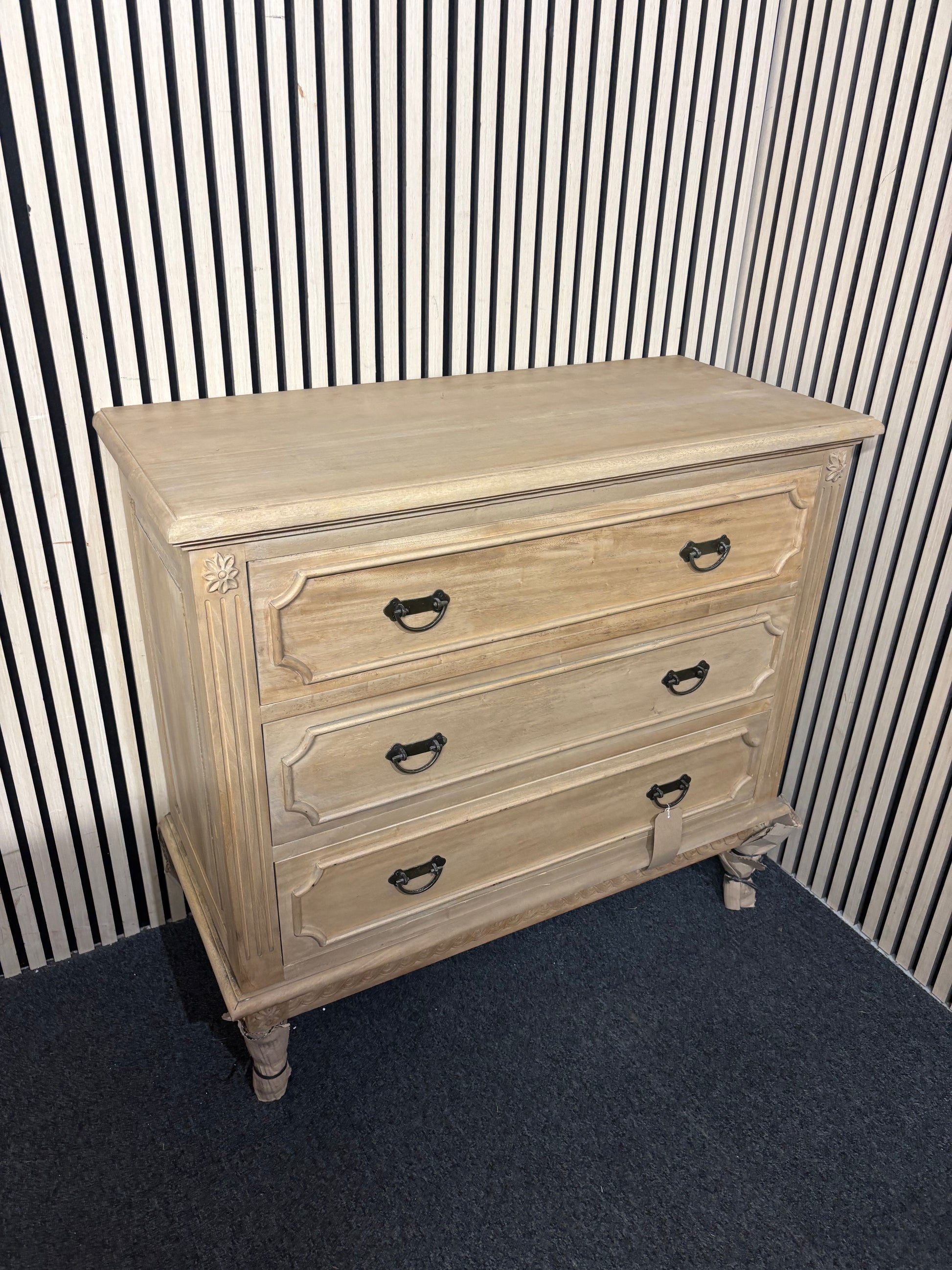 Solid natural wood large ornate 3 drawer chest  43543