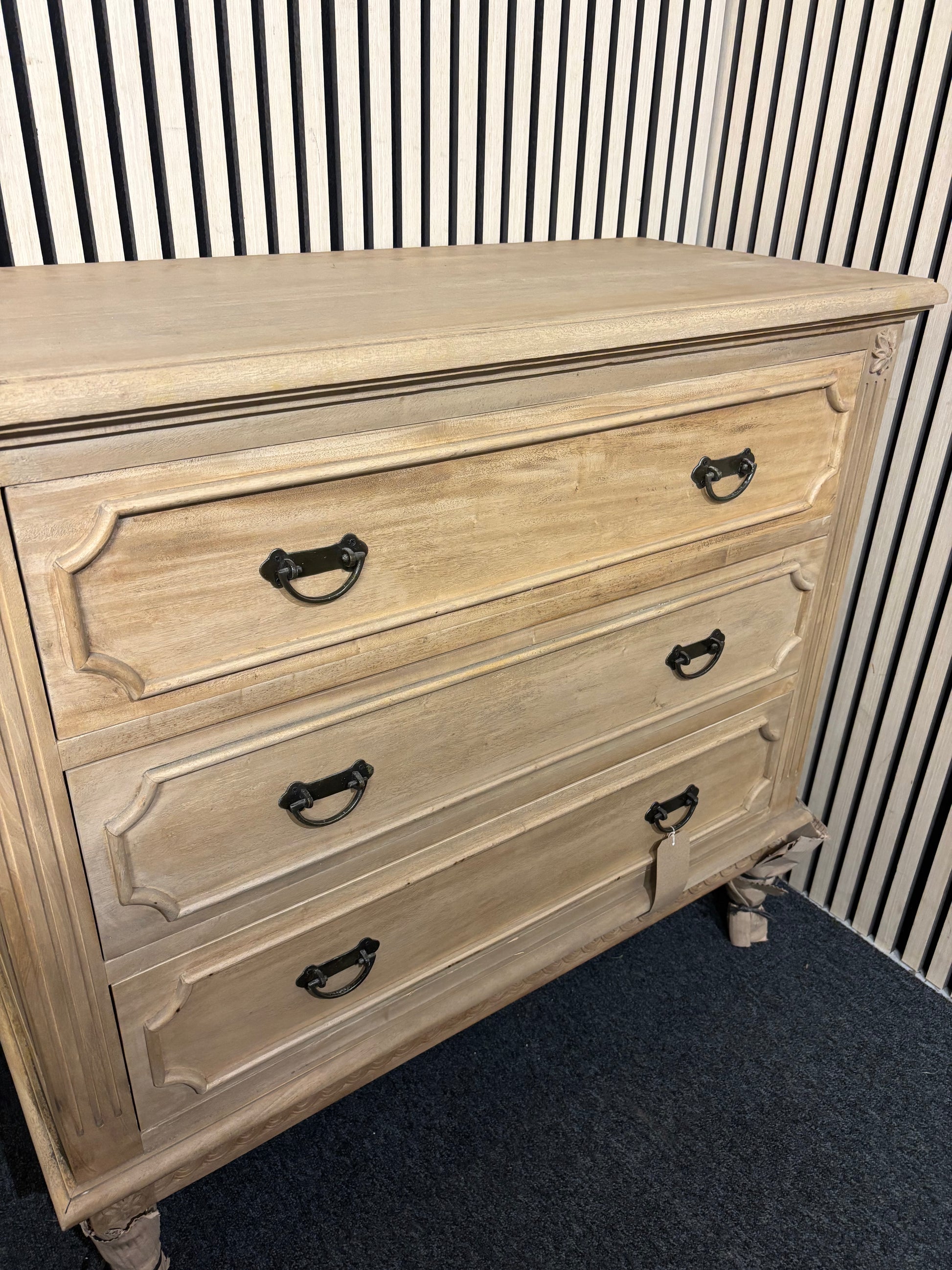 Solid natural wood large ornate 3 drawer chest  43543