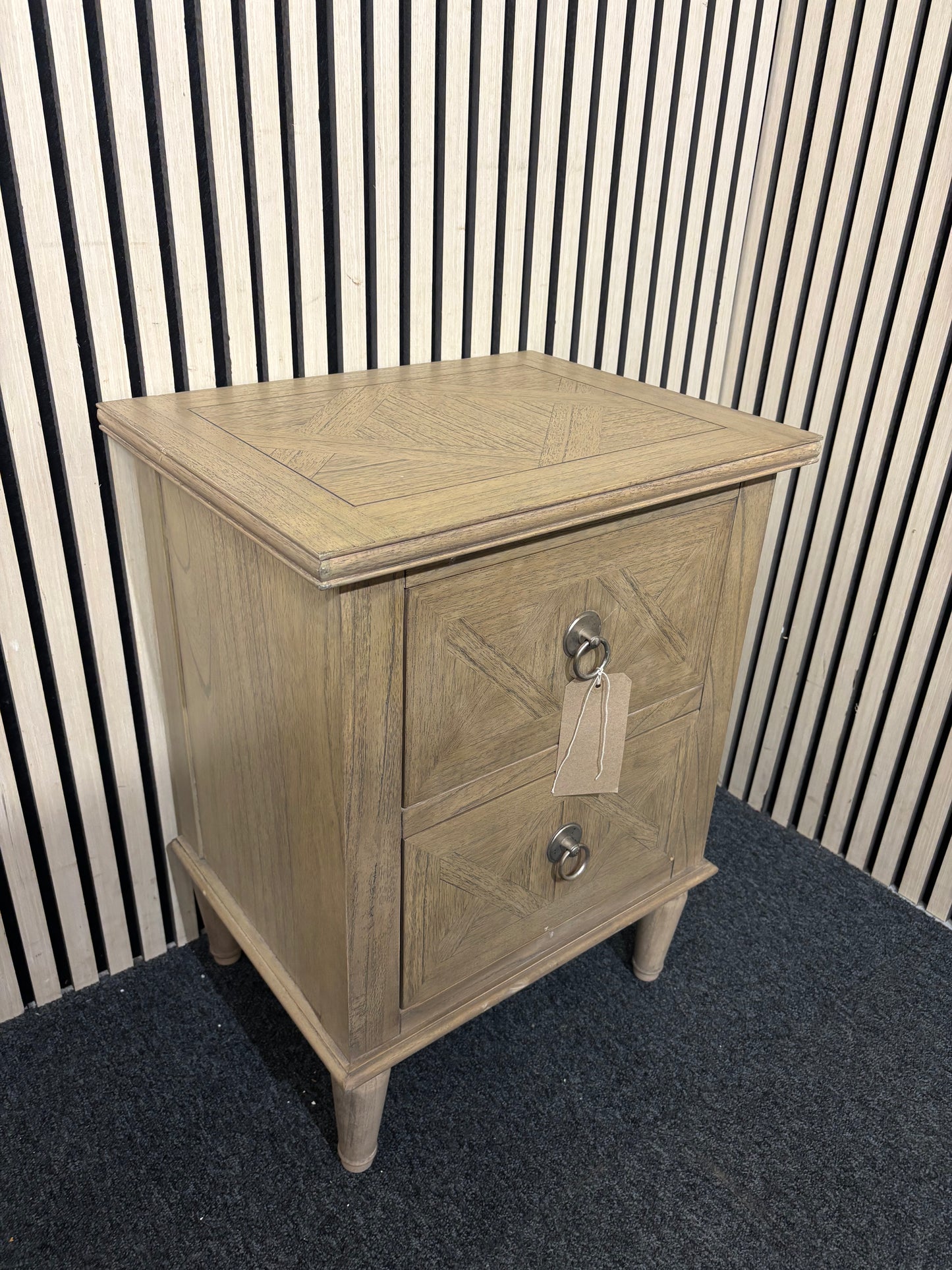 Solid wood 2 drawer bedside locker with ornate details 67Hx40Dx50W 43531