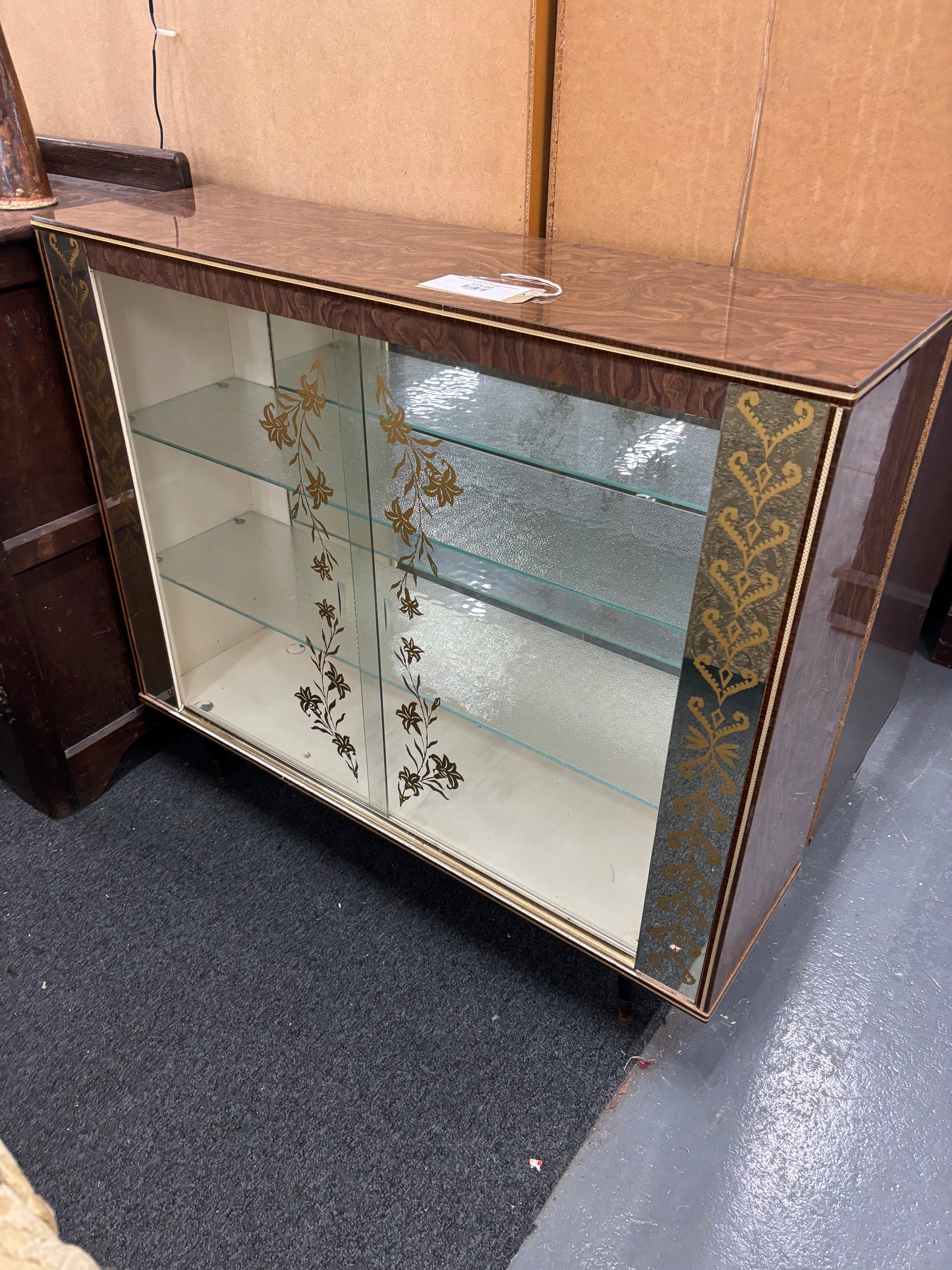 Retro sliding glass door dark wood display cabinet (H 92 x W 106 x D 30 cm) 43483