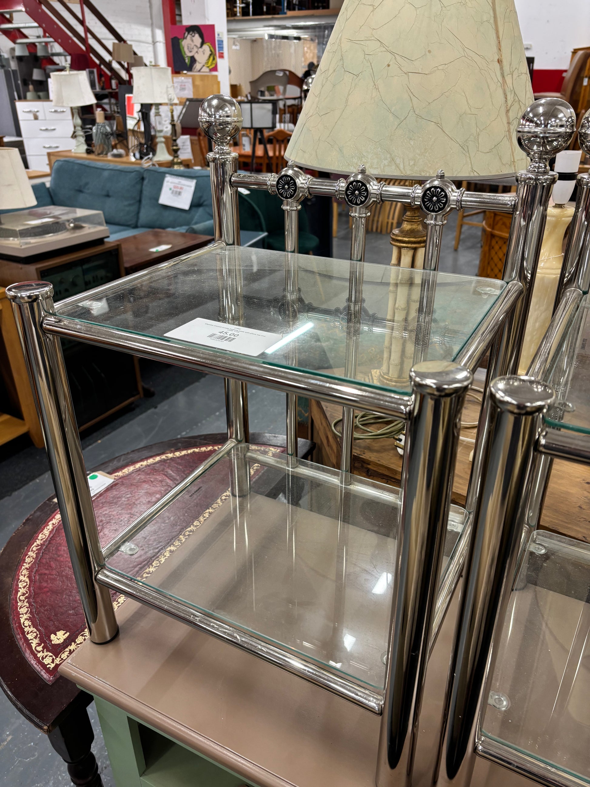 Chrome framed ornate bedside table with glass top and shelf  1126