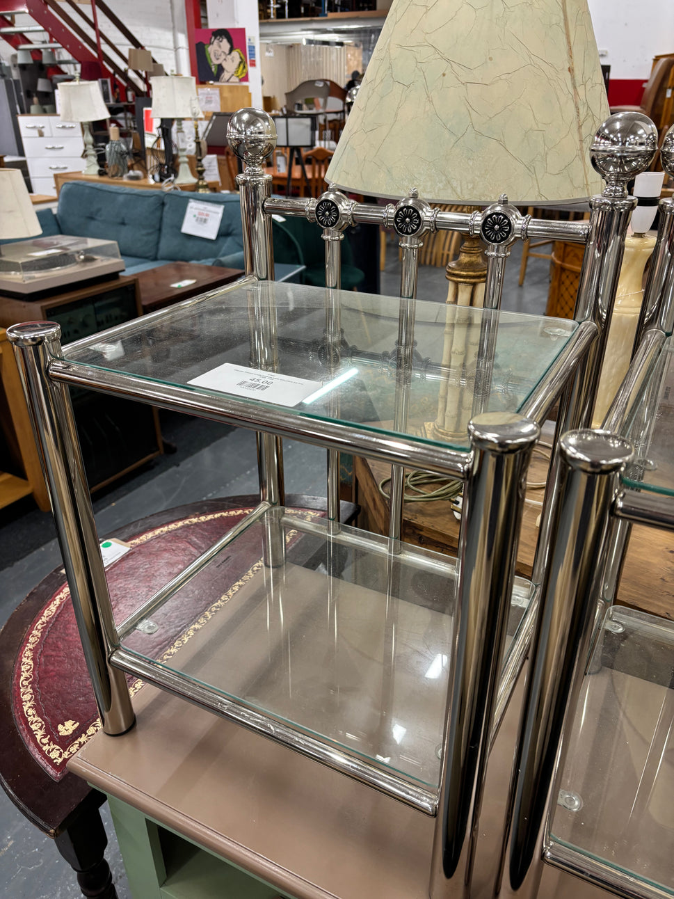Chrome framed ornate bedside table with glass top and shelf  1126