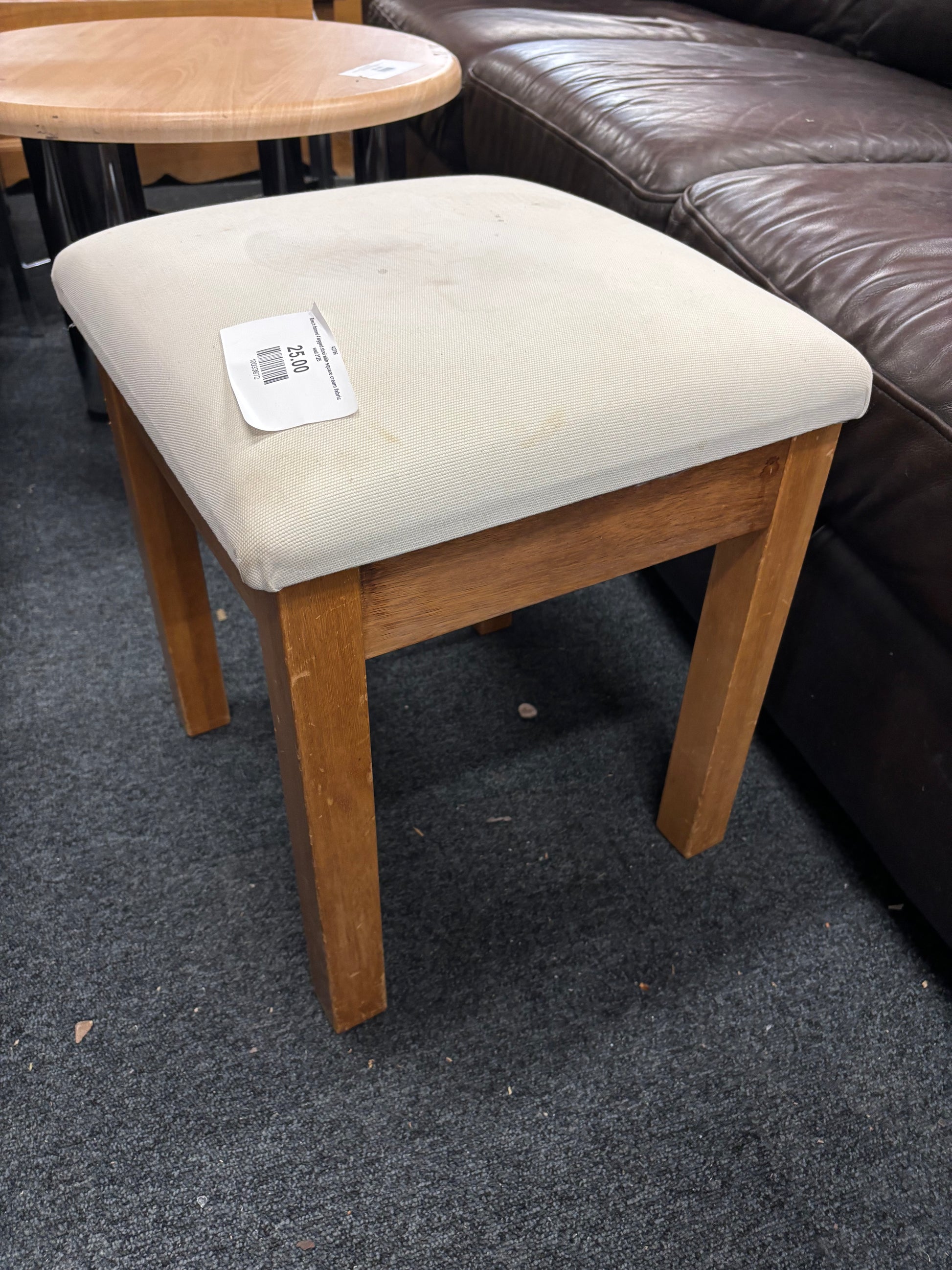 Beech framed 4 legged stool with square cream fabric seat 3126