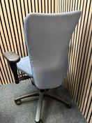 Switch Blue fabric secondhand high back swivel chair with black 5 star base and adjustable arms 3 image