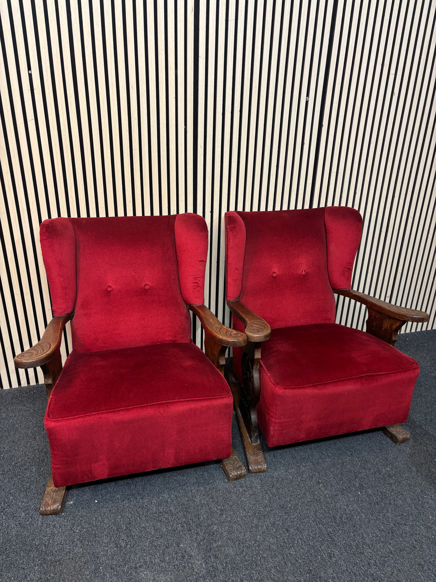 Bright red fabric solid dark wood framed wingback armchair 43634