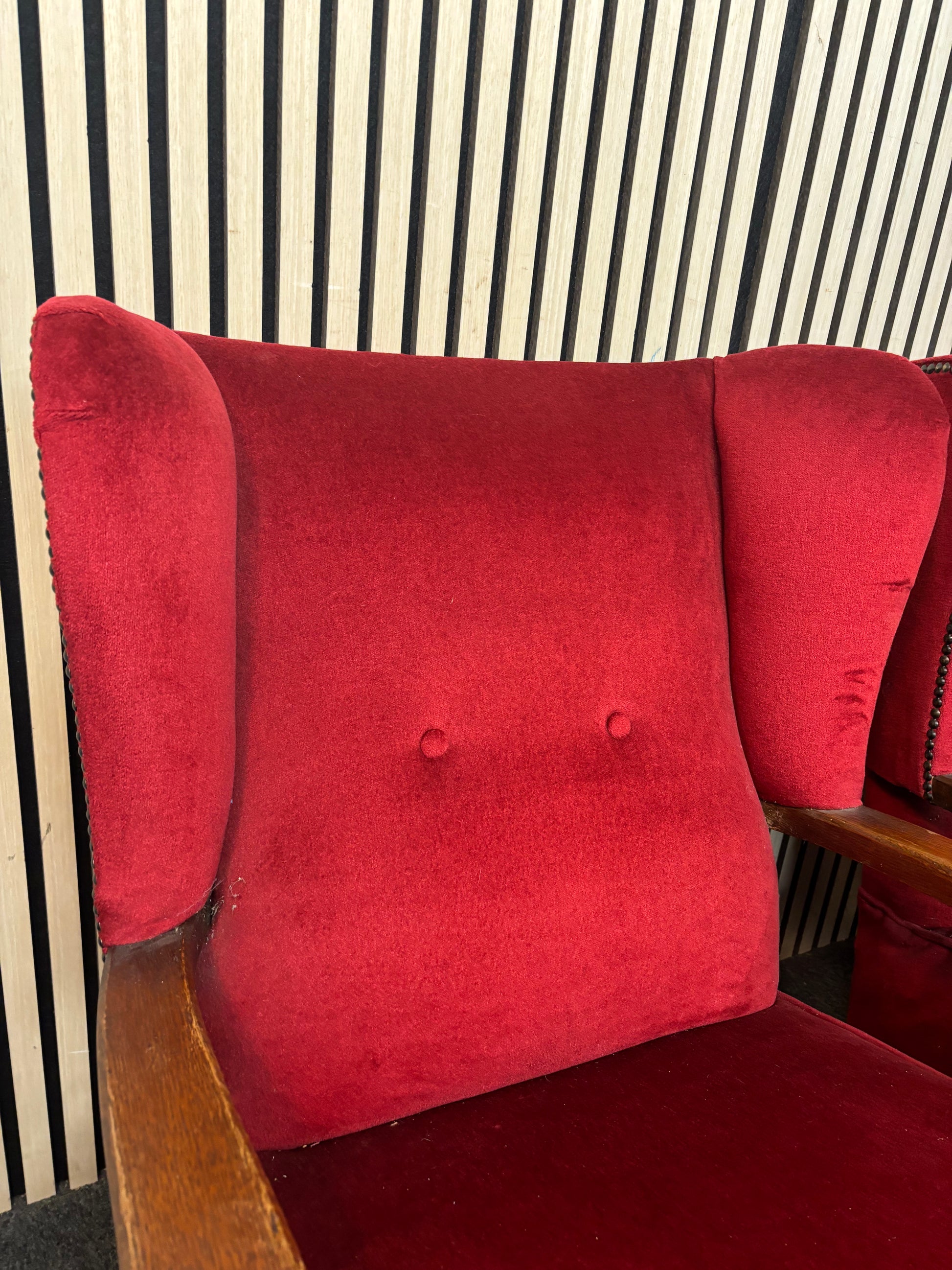 Bright red fabric solid dark wood framed wingback armchair 43634